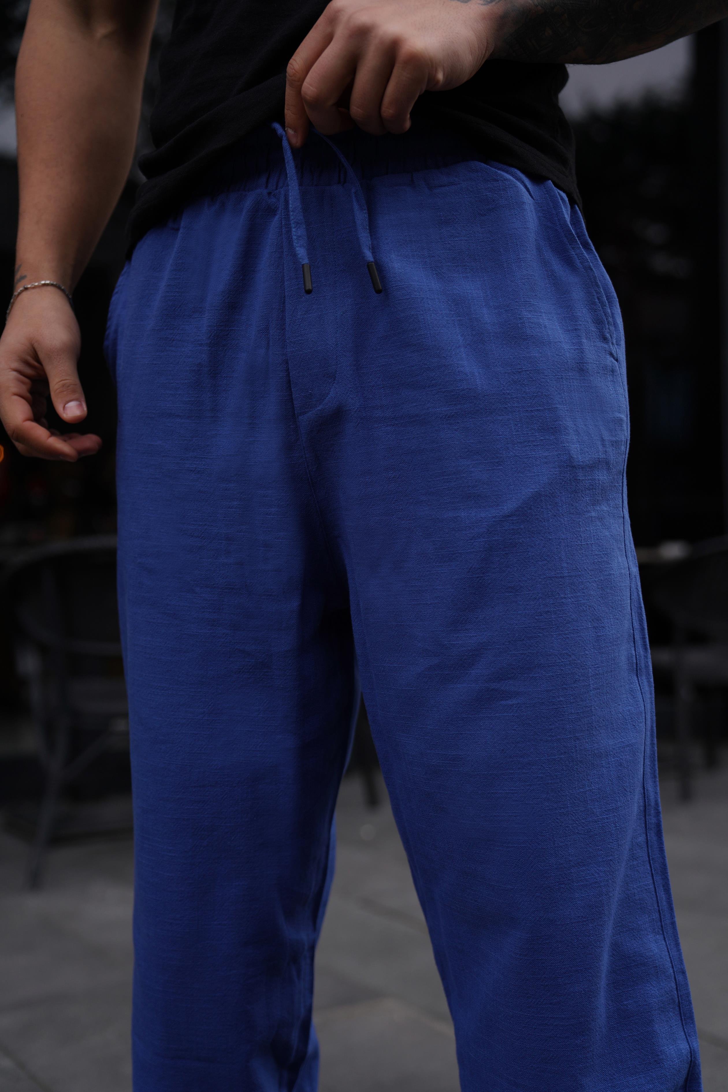 KETEN PANTOLONSaksmavi Keten İçten Bağcıklı Bol Kalıp Pantolon VMS 30336