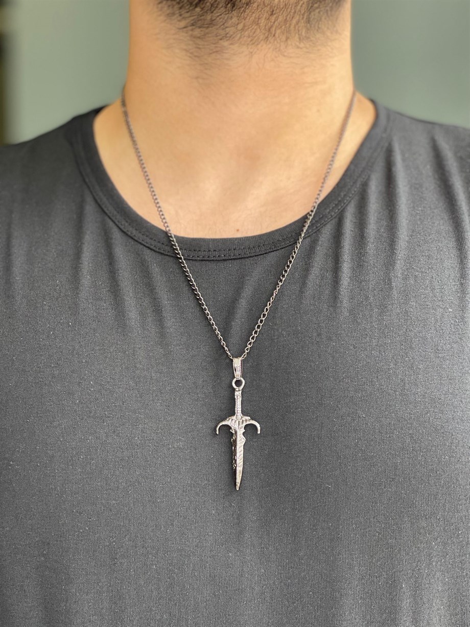 KOLYE Unisex Gümüş Hançer Figürlü Paslanmaz Kolye