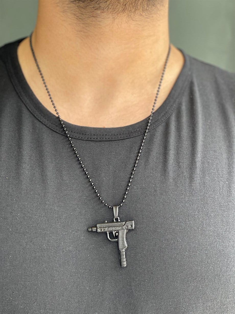 KOLYE Unisex Siyah Uzi Figürlü Paslanmaz Kolye