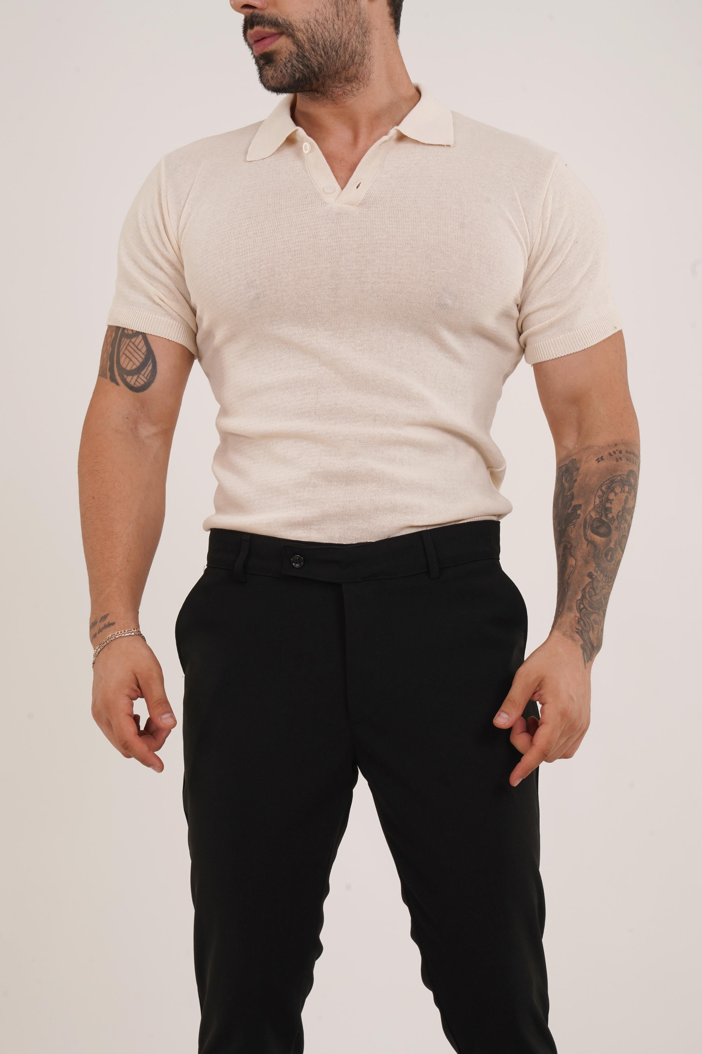 KOMBİNBej Düz Polo Yaka Triko SC, Siyah Slim Fit Kumaş Pantolon KOMBİN
