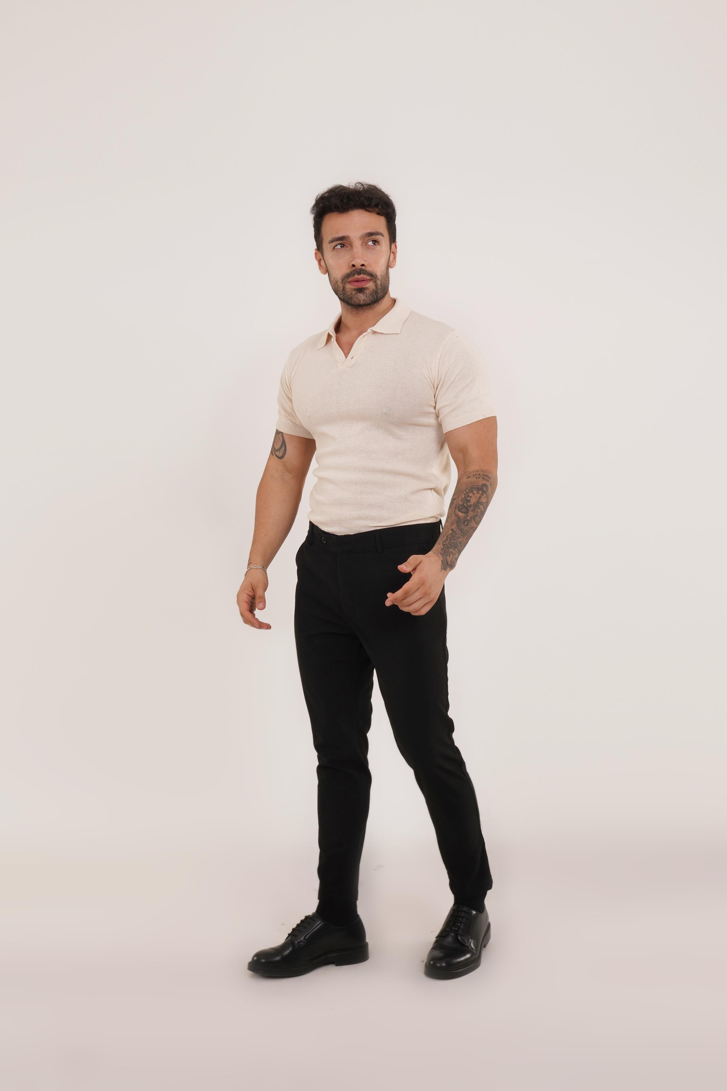 KOMBİNBej Düz Polo Yaka Triko SC, Siyah Slim Fit Kumaş Pantolon KOMBİN