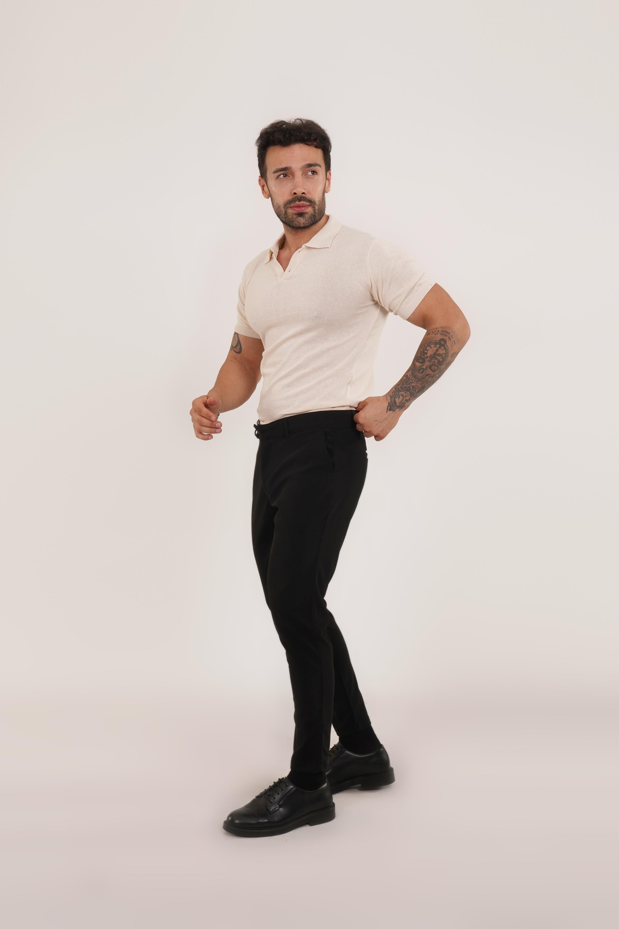 KOMBİNBej Düz Polo Yaka Triko SC, Siyah Slim Fit Kumaş Pantolon KOMBİN
