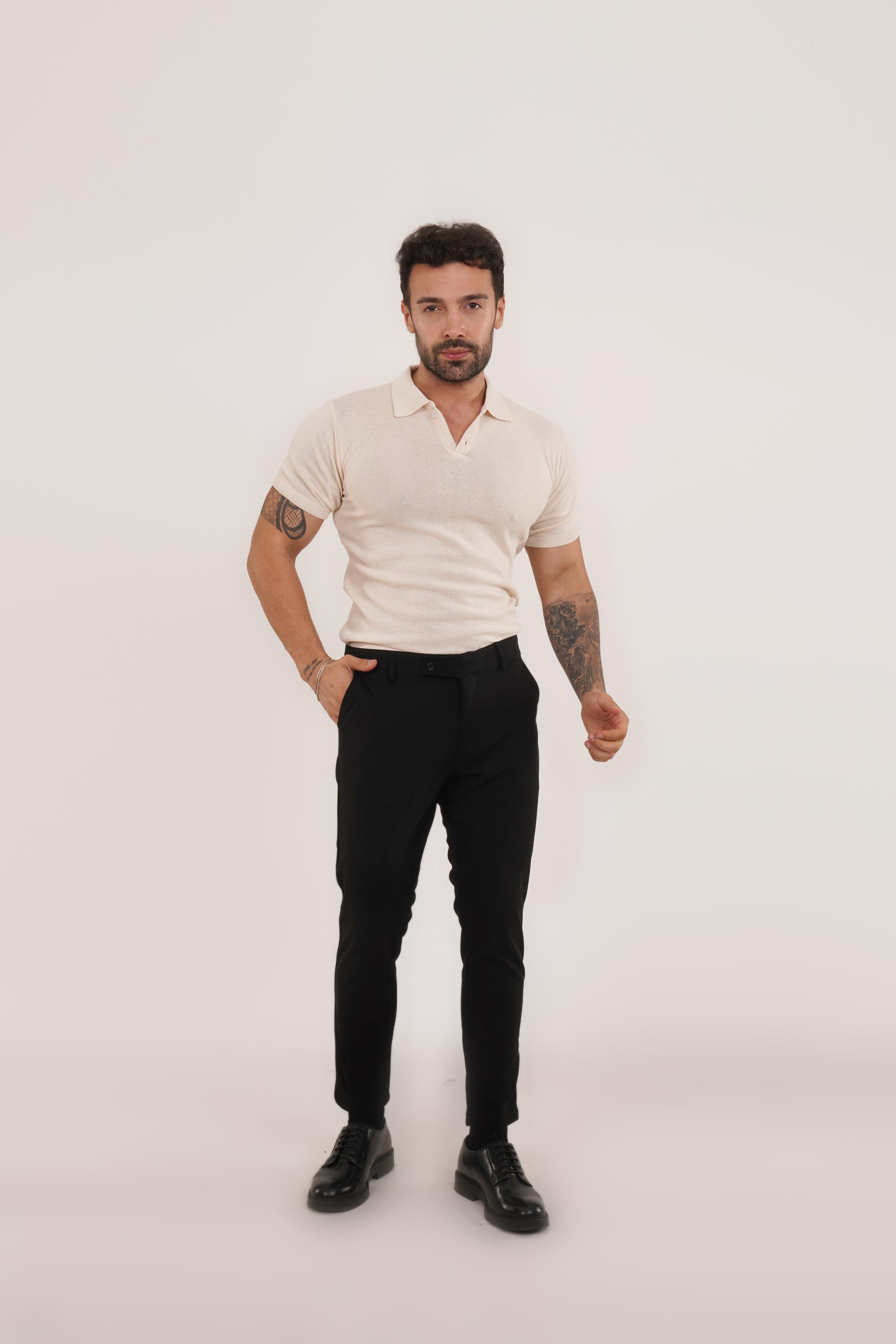 KOMBİNBej Düz Polo Yaka Triko SC, Siyah Slim Fit Kumaş Pantolon KOMBİN