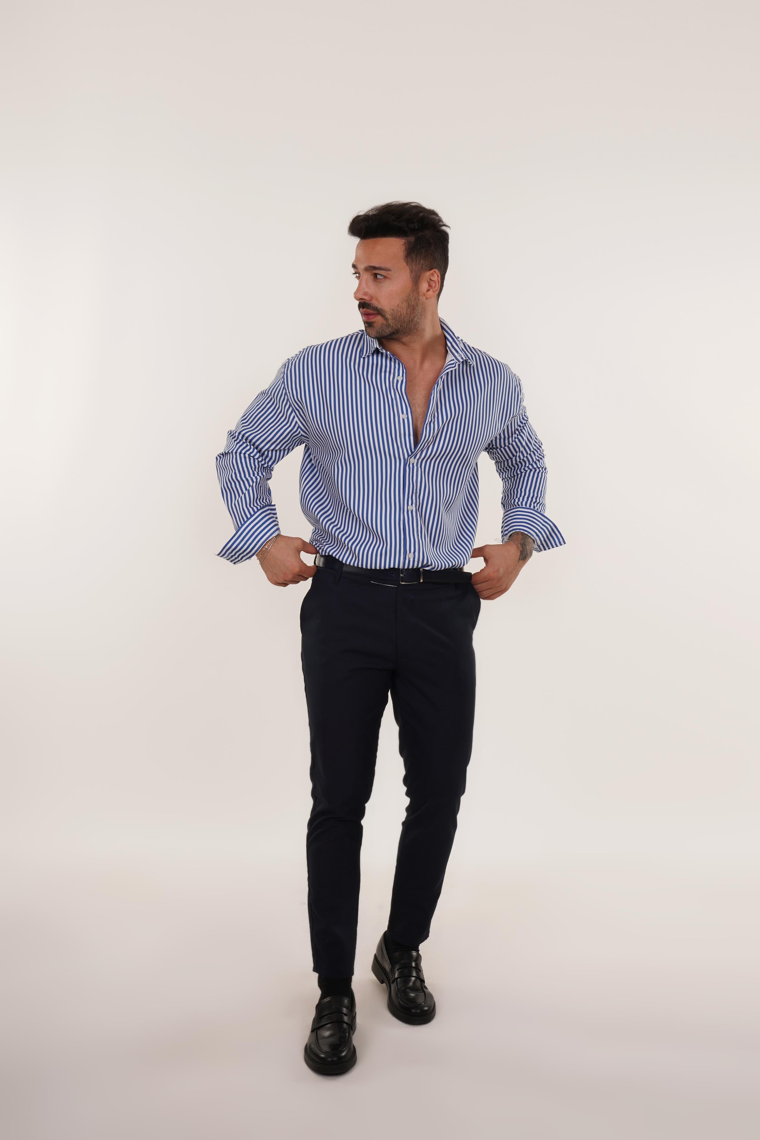 KOMBİNMavi Poplin Çizgili Gömlek , Lacivert Kumaş Pantolon Slim Fit KOMBİN