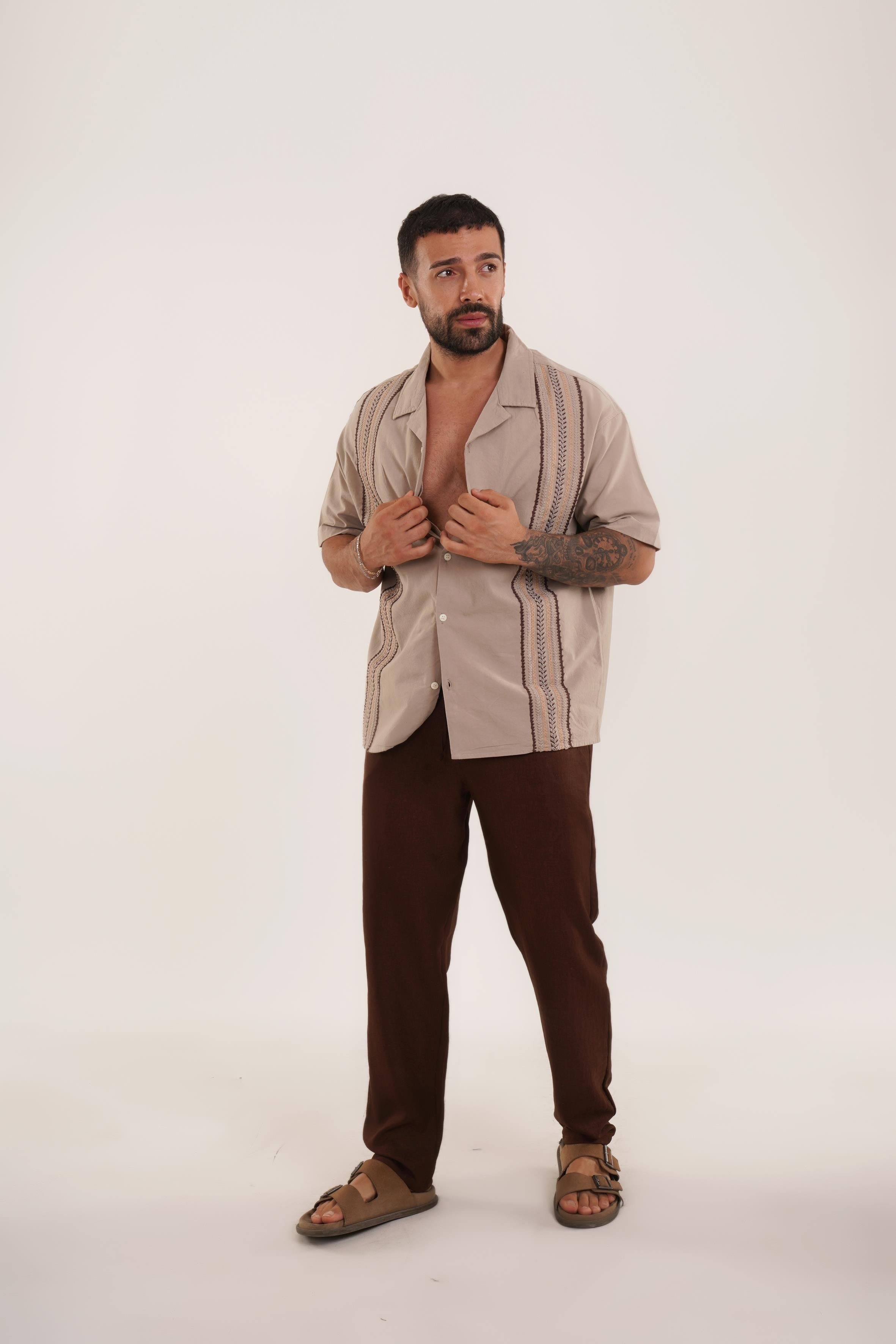 KOMBİNVizon Nakış Desenli Keten Gömlek VMS, Kahve Keten Baggy Pantolon KNG KOMBİN