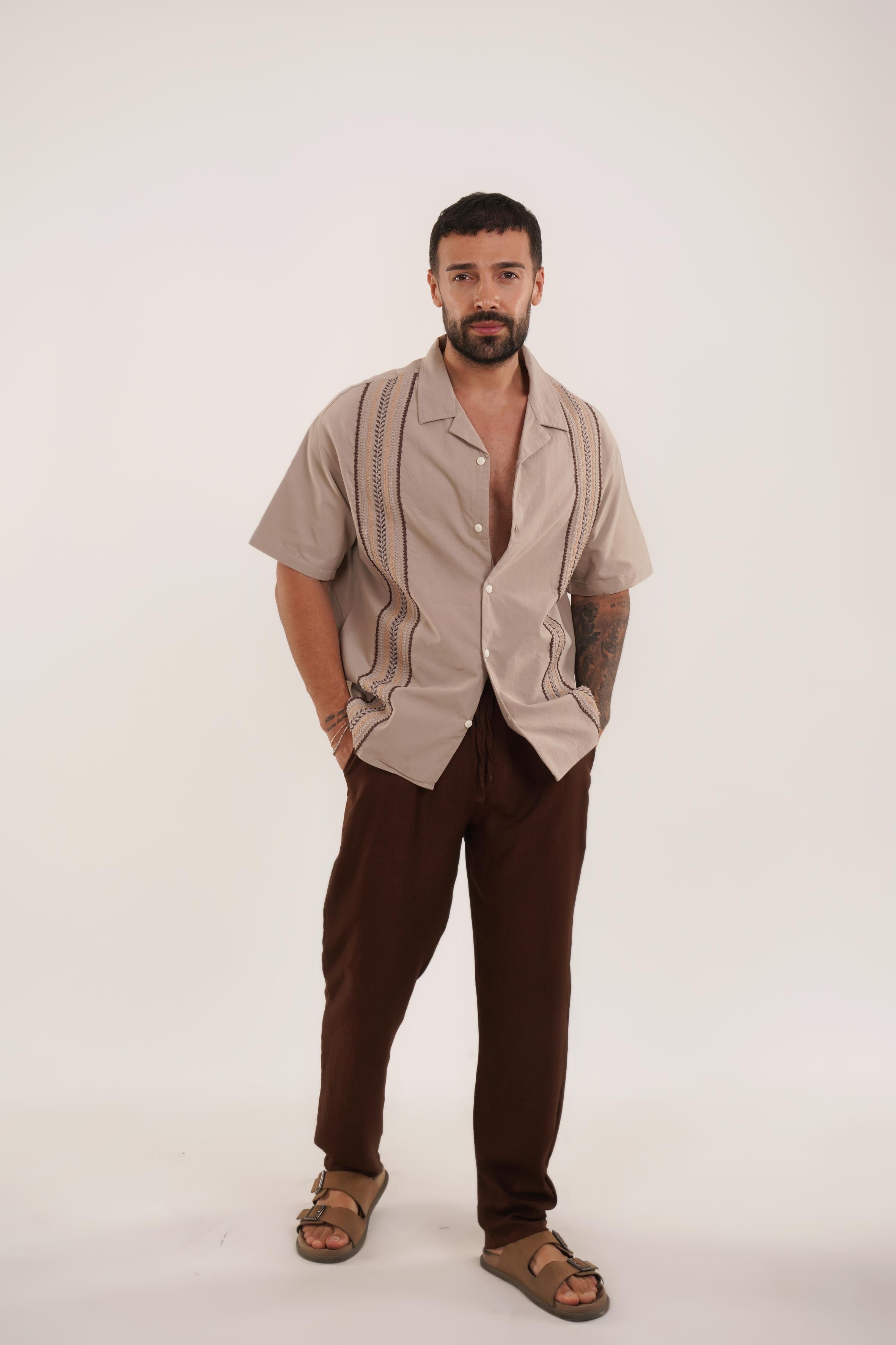 KOMBİNVizon Nakış Desenli Keten Gömlek VMS, Kahve Keten Baggy Pantolon KNG KOMBİN