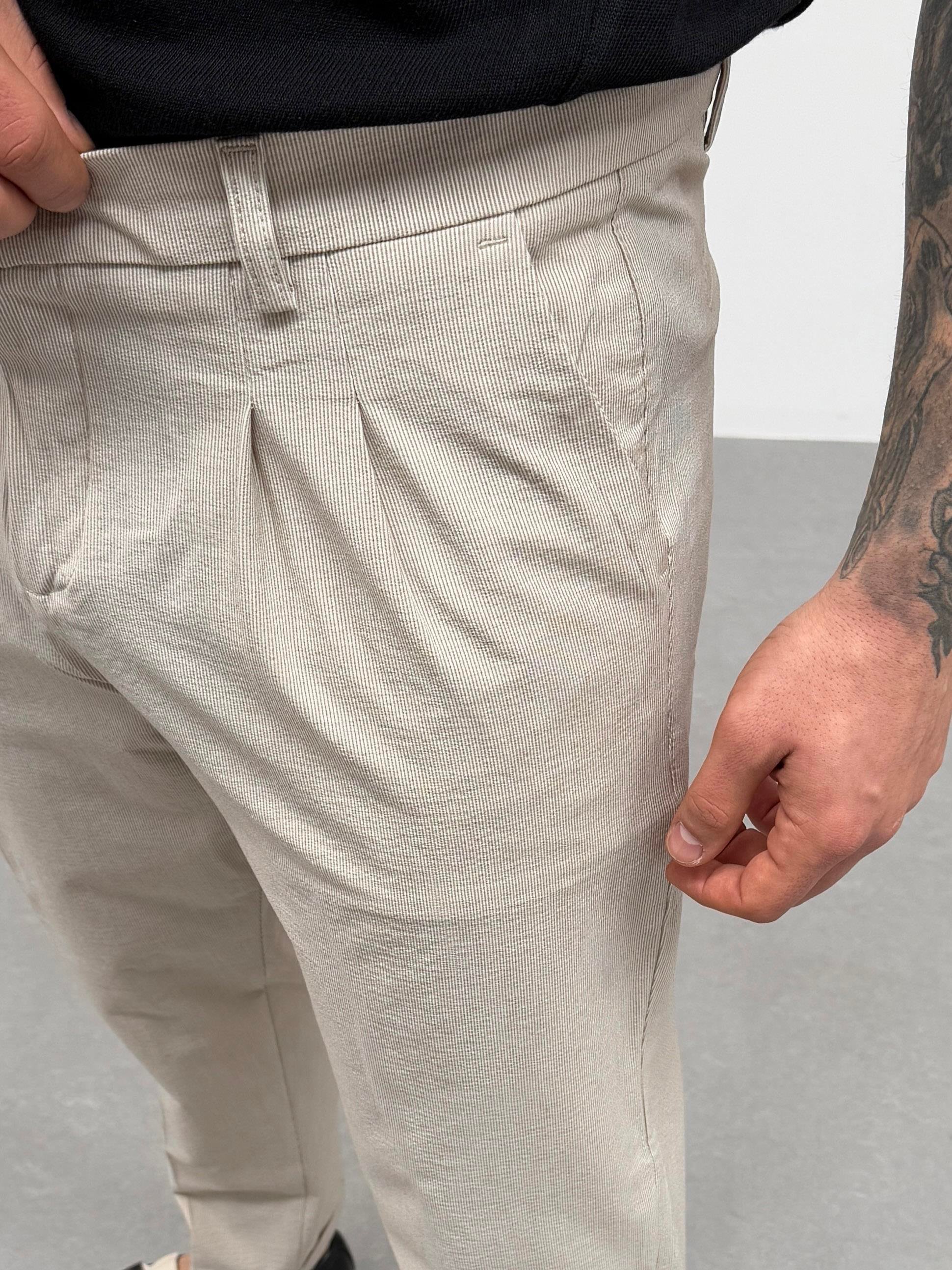 KOT PANTOLONBej İnce Dik Çizgili Double Paça Pantolon SNZ M4684