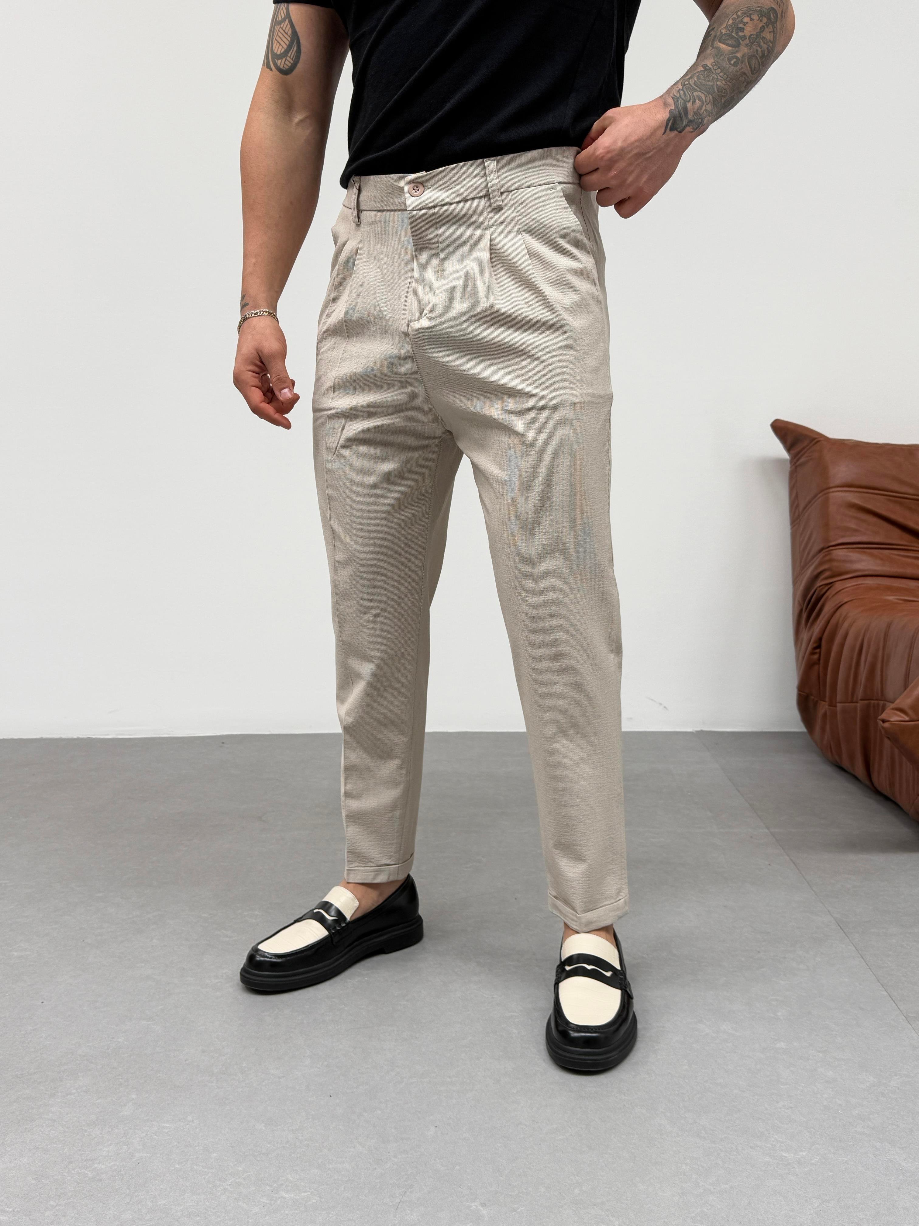 KOT PANTOLONBej İnce Dik Çizgili Double Paça Pantolon SNZ M4684