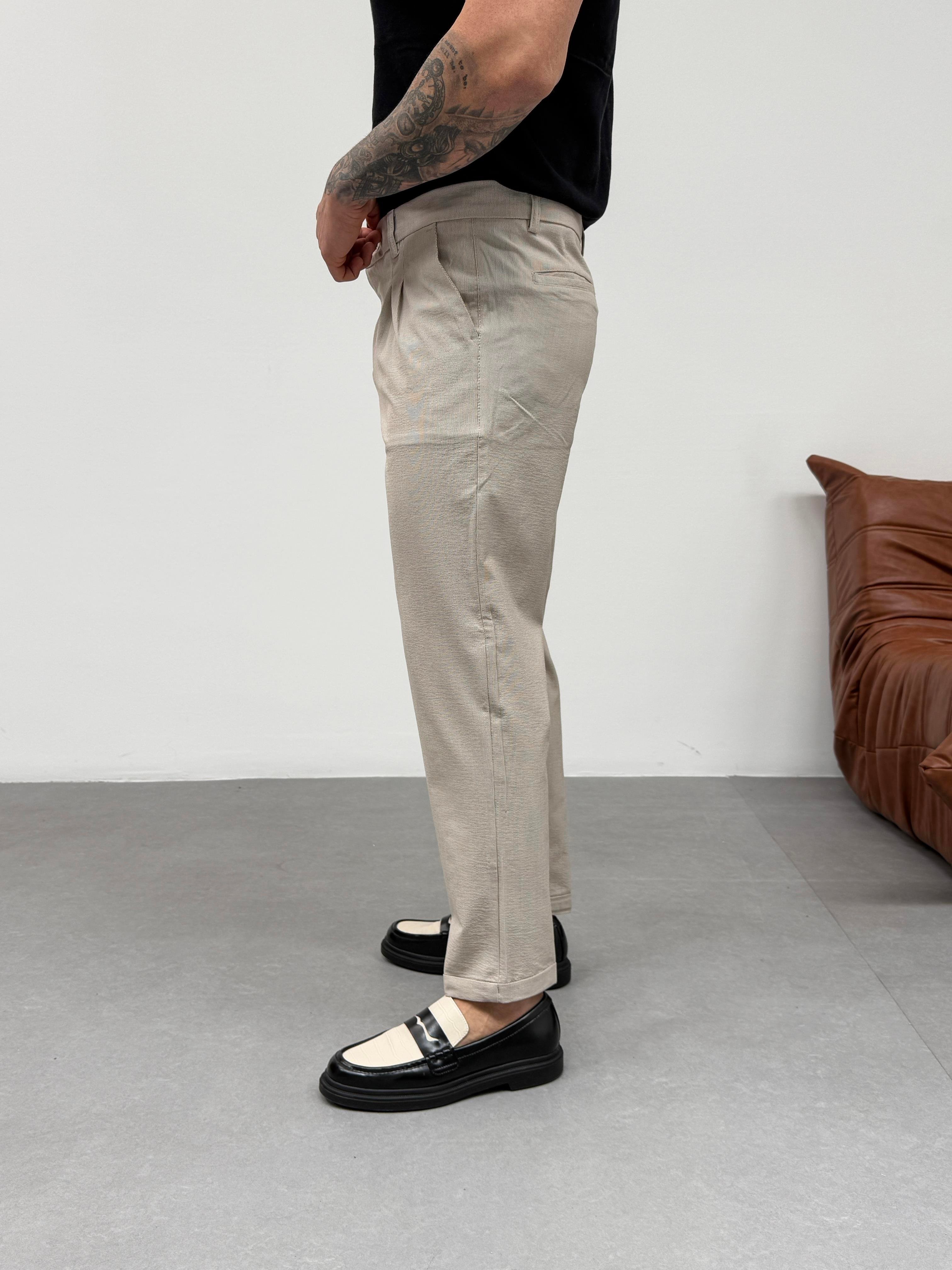 KOT PANTOLONBej İnce Dik Çizgili Double Paça Pantolon SNZ M4684