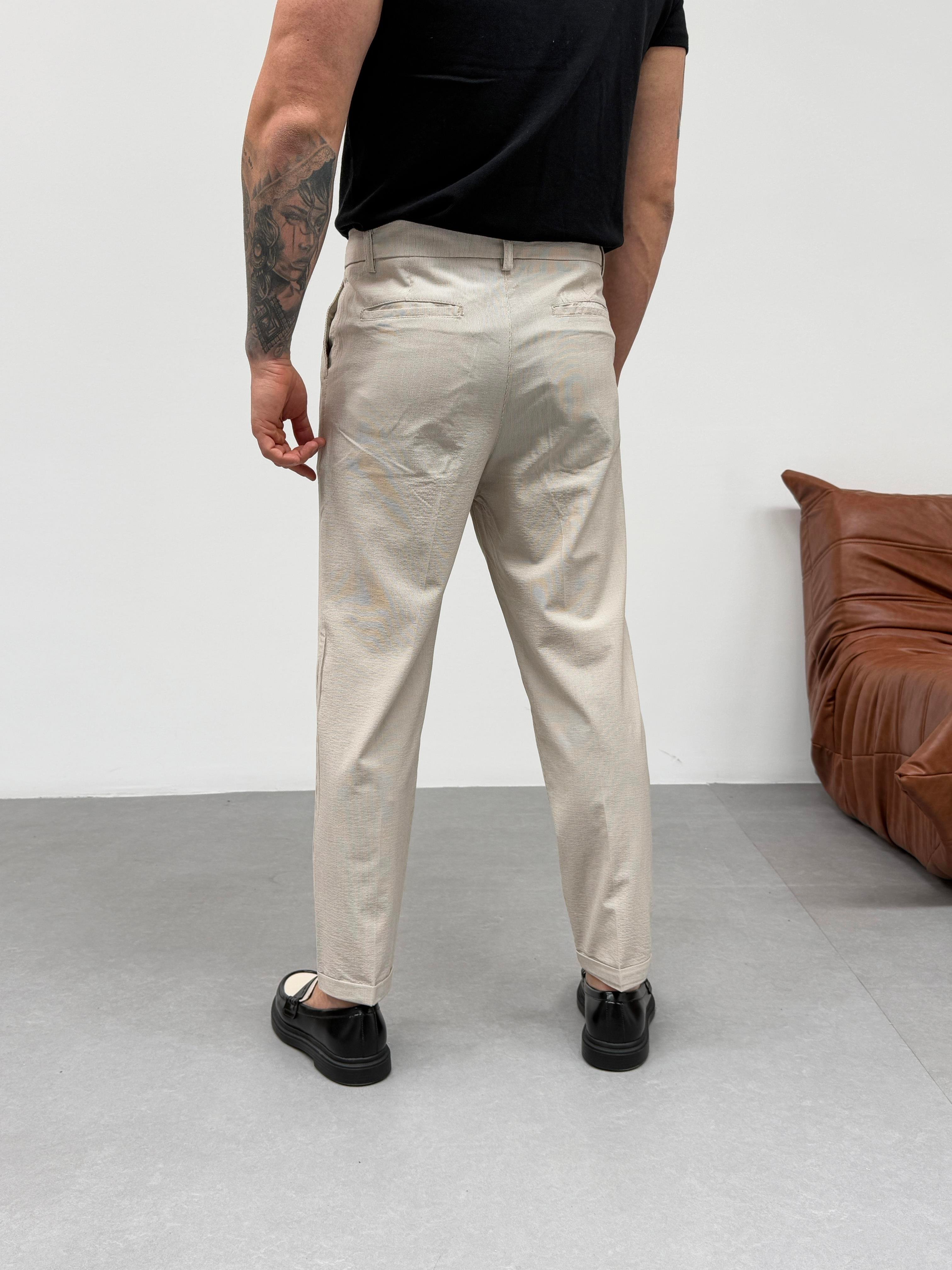 KOT PANTOLONBej İnce Dik Çizgili Double Paça Pantolon SNZ M4684