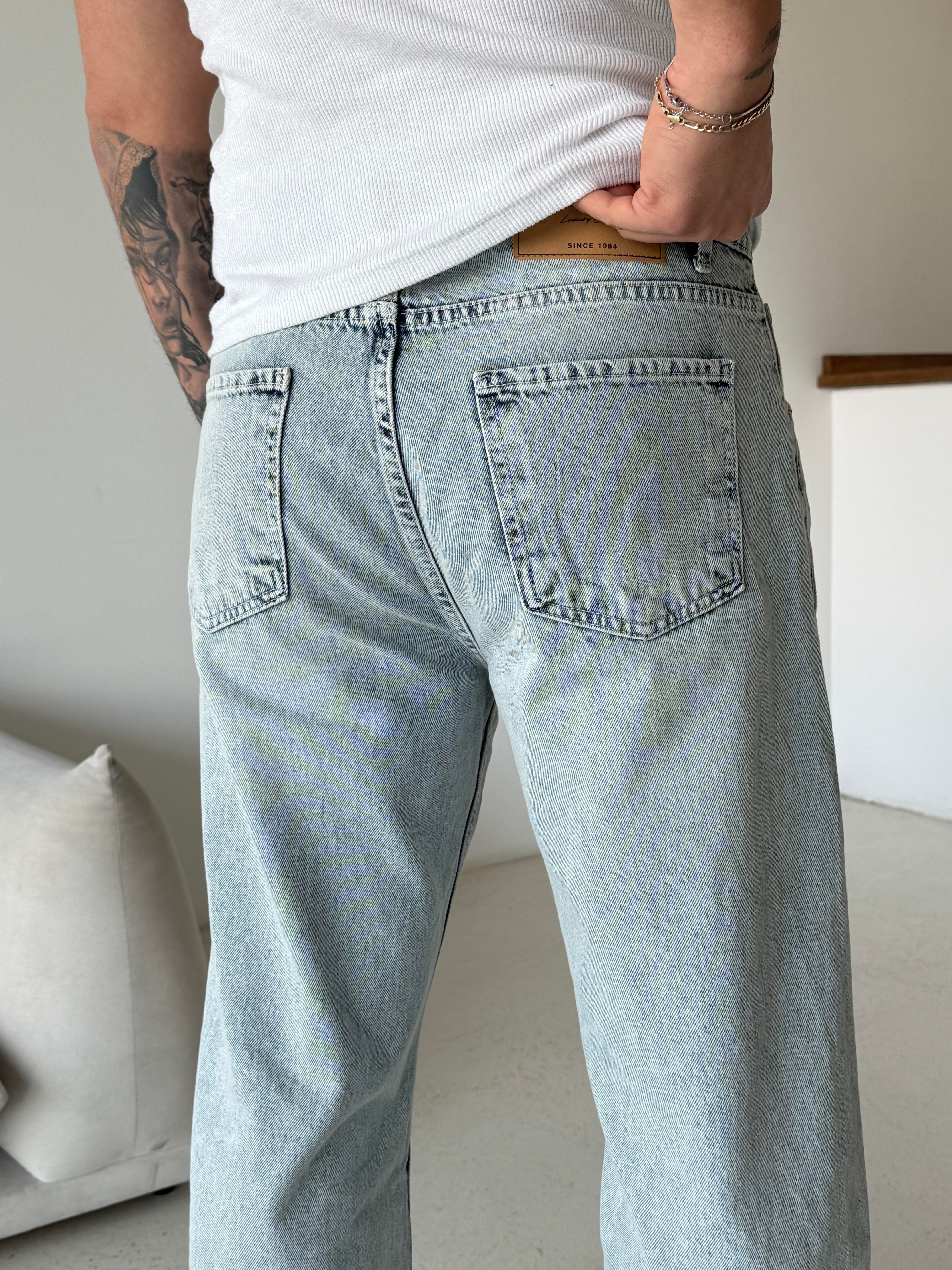 KOT PANTOLONBuz Mavi Kar Beyaz Taşlama Baggy Kot Pantalon 600-2 MB