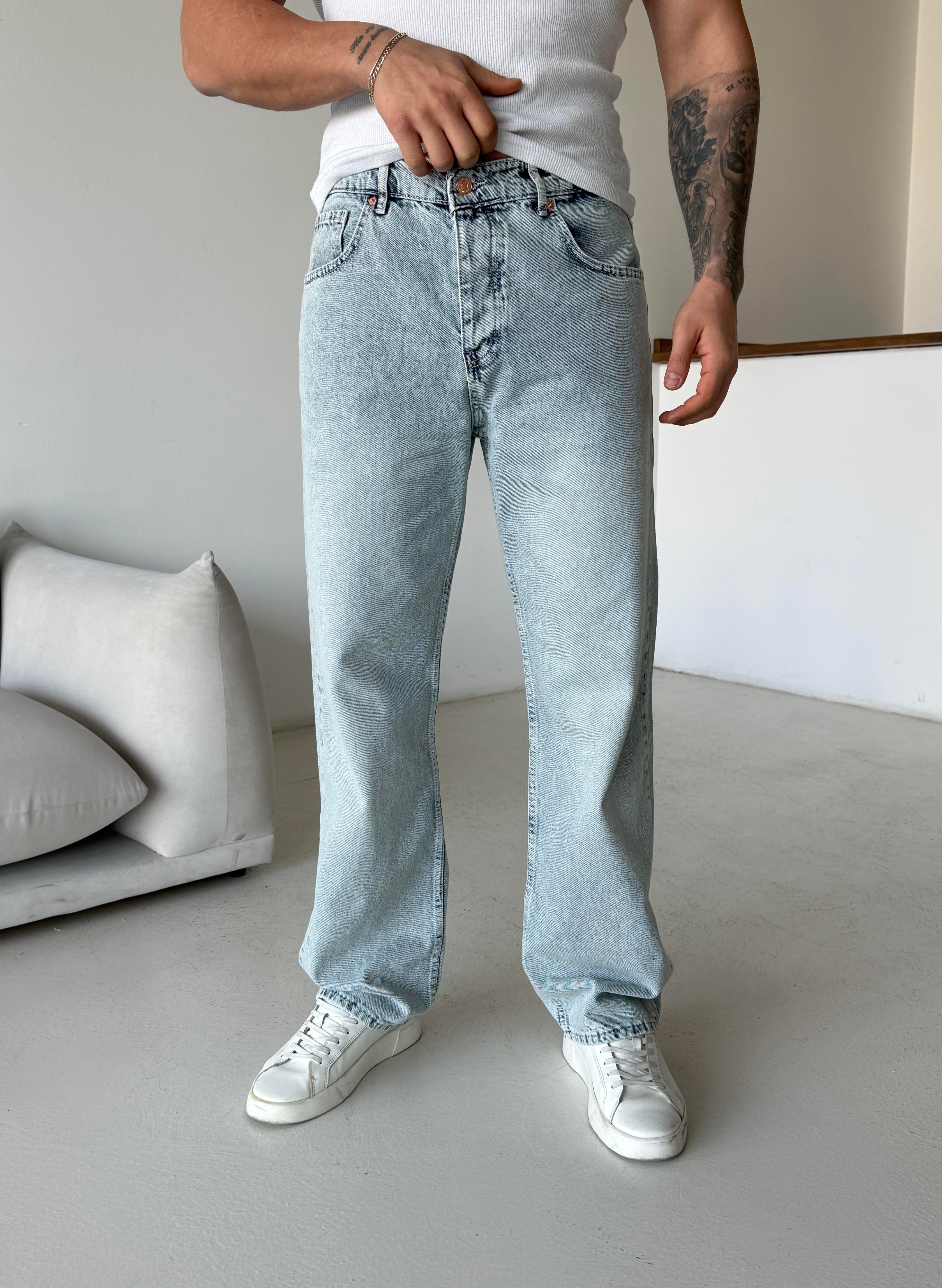 KOT PANTOLONBuz Mavi Kar Beyaz Taşlama Baggy Kot Pantalon 600-2 MB