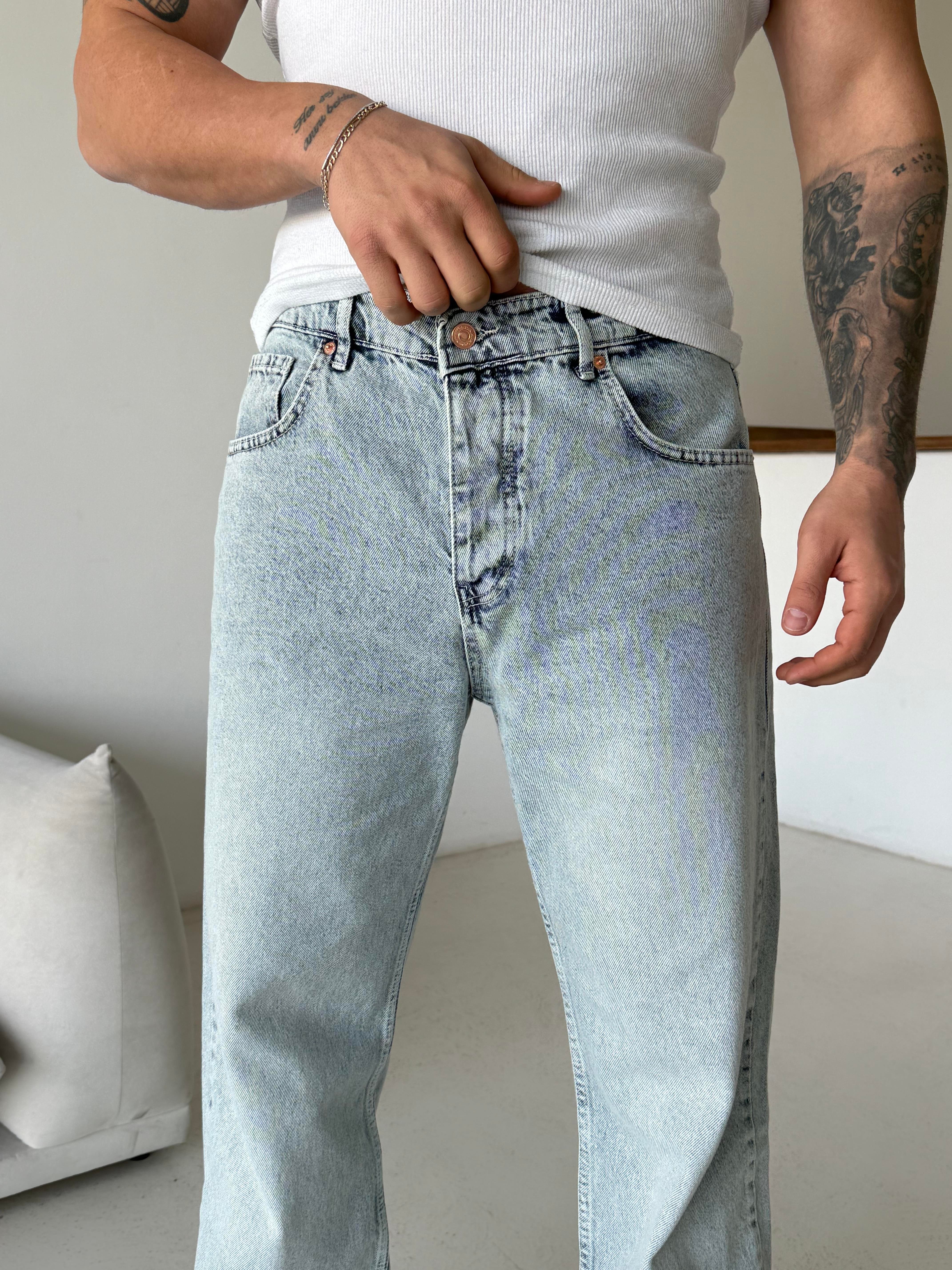 KOT PANTOLONBuz Mavi Kar Beyaz Taşlama Baggy Kot Pantalon 600-2 MB