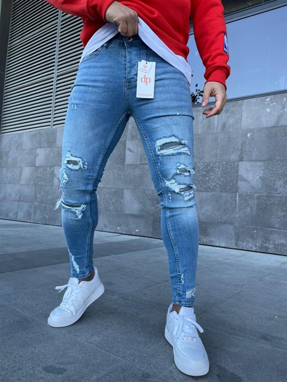 KOT PANTOLONErkek Mavi Paça Diz Baldır Yırtık Detaylı Slim Fit Kot Pantolon