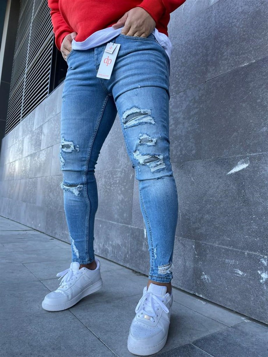 KOT PANTOLONErkek Mavi Paça Diz Baldır Yırtık Detaylı Slim Fit Kot Pantolon