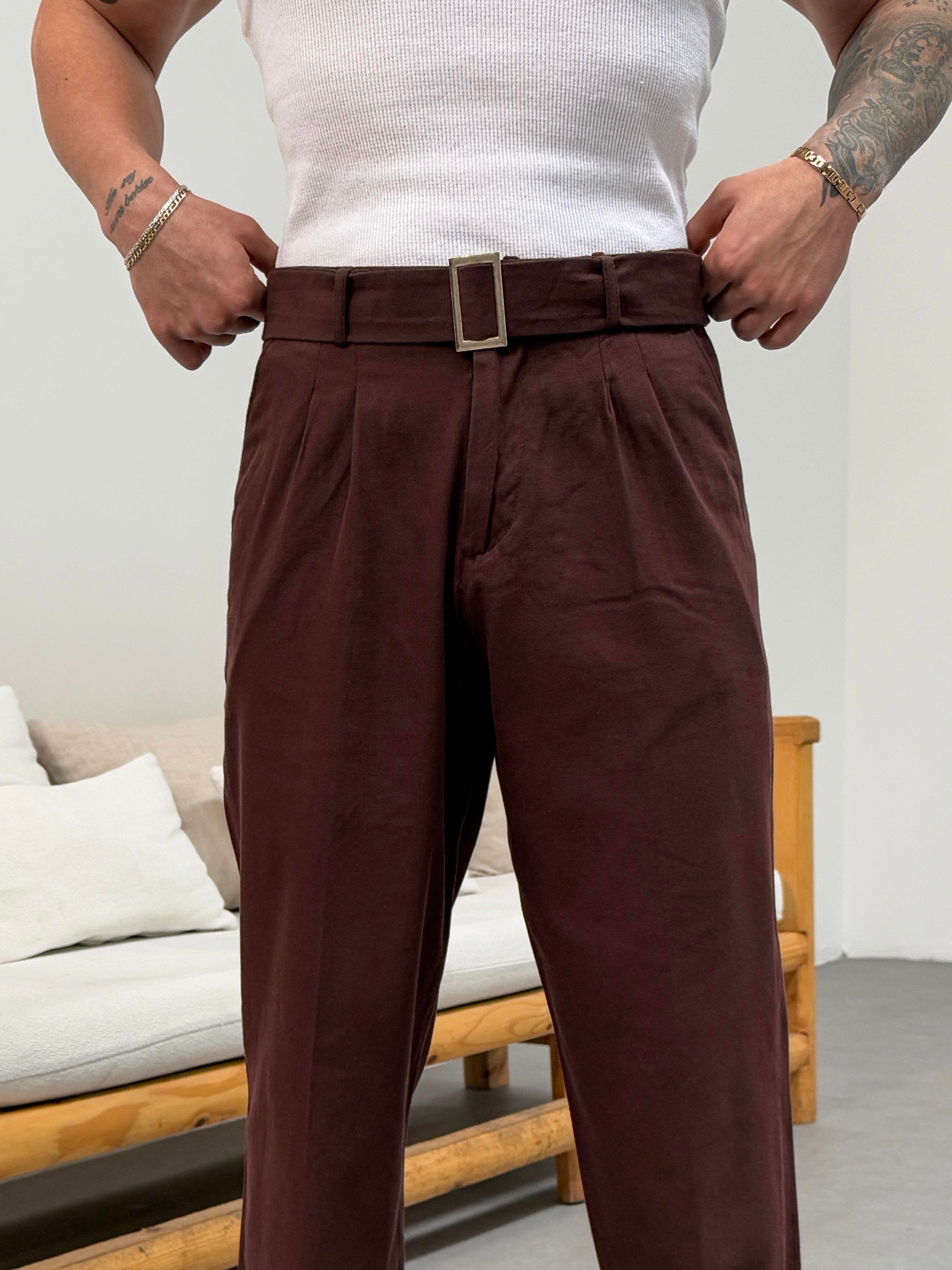 KOT PANTOLONKahve Kendiliğinden Kemerli Baggy Keten Pantolon SNZ 1014