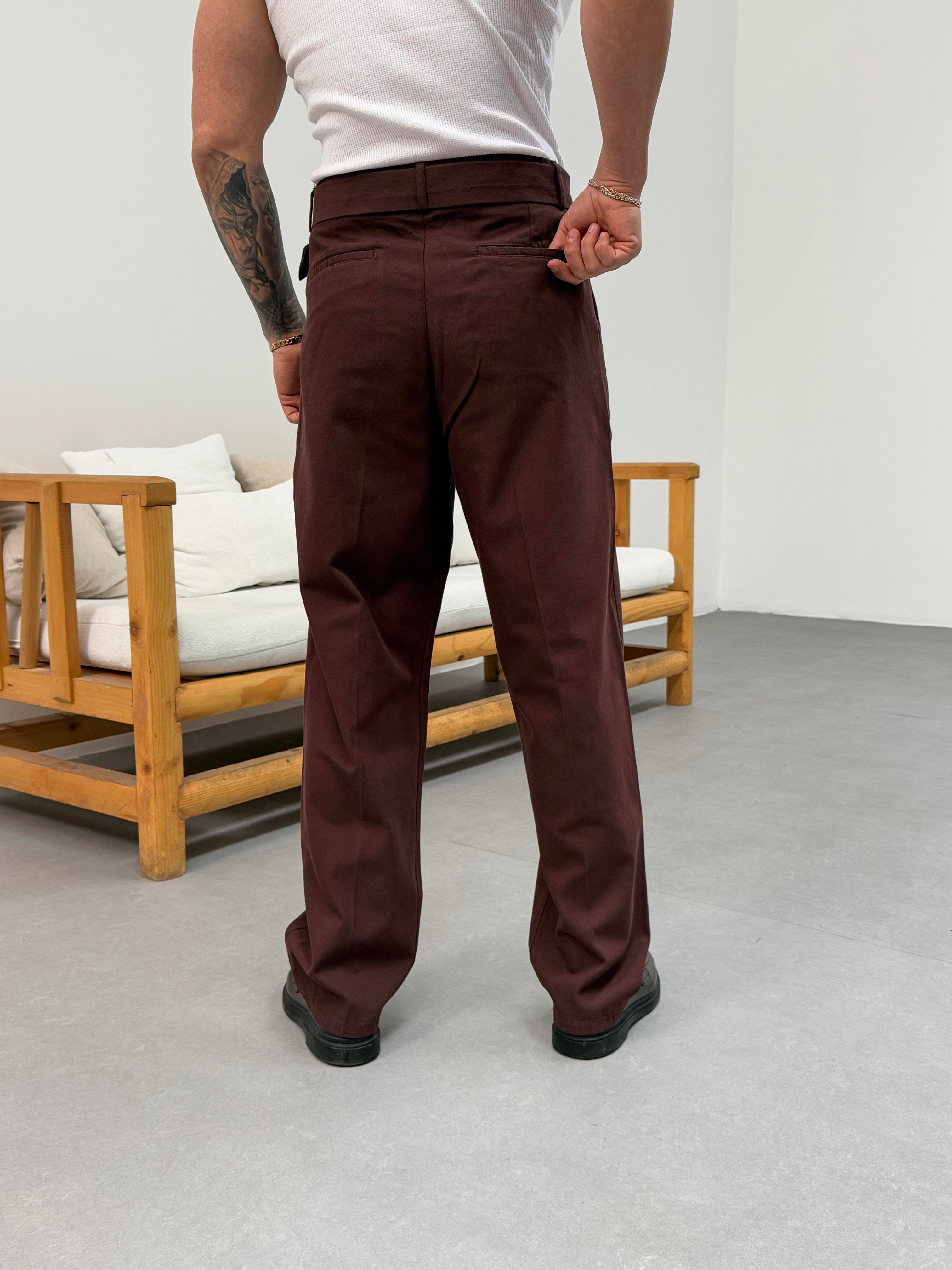 KOT PANTOLONKahve Kendiliğinden Kemerli Baggy Keten Pantolon SNZ 1014