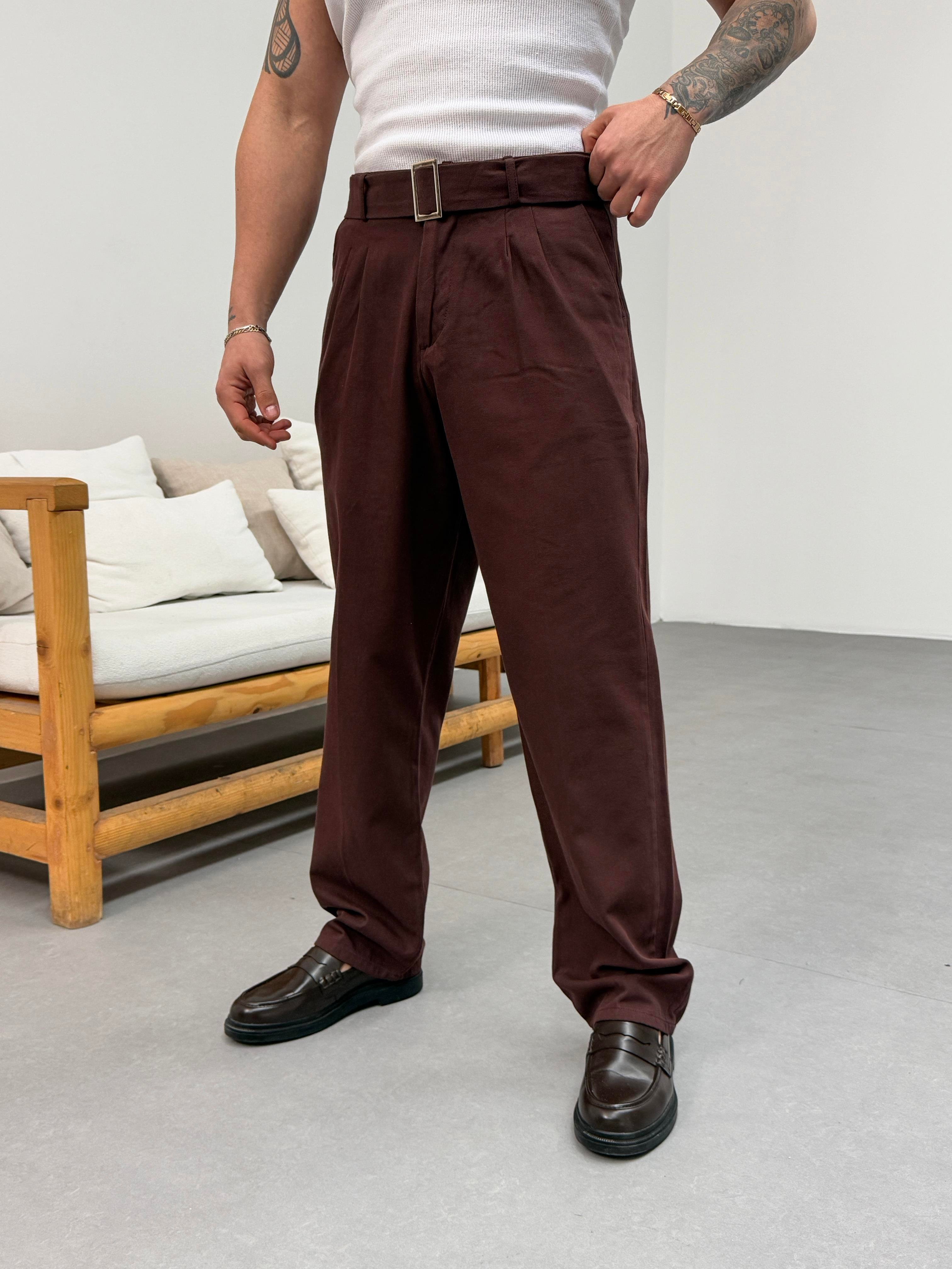 KOT PANTOLONKahve Kendiliğinden Kemerli Baggy Keten Pantolon SNZ 1014