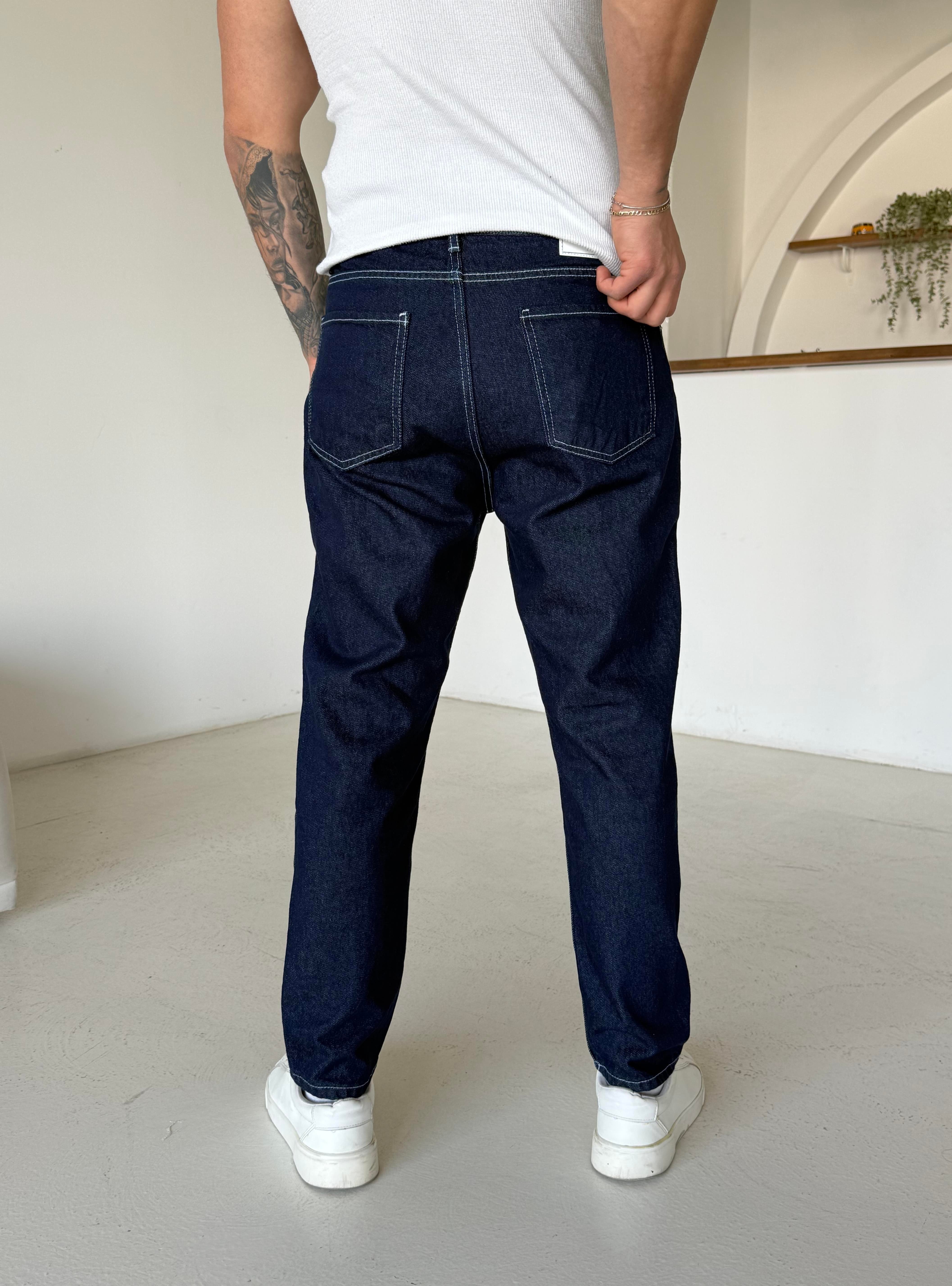 KOT PANTOLONLacivert Beyaz Dikişli Boy Friend Kot Pantalon DM 658