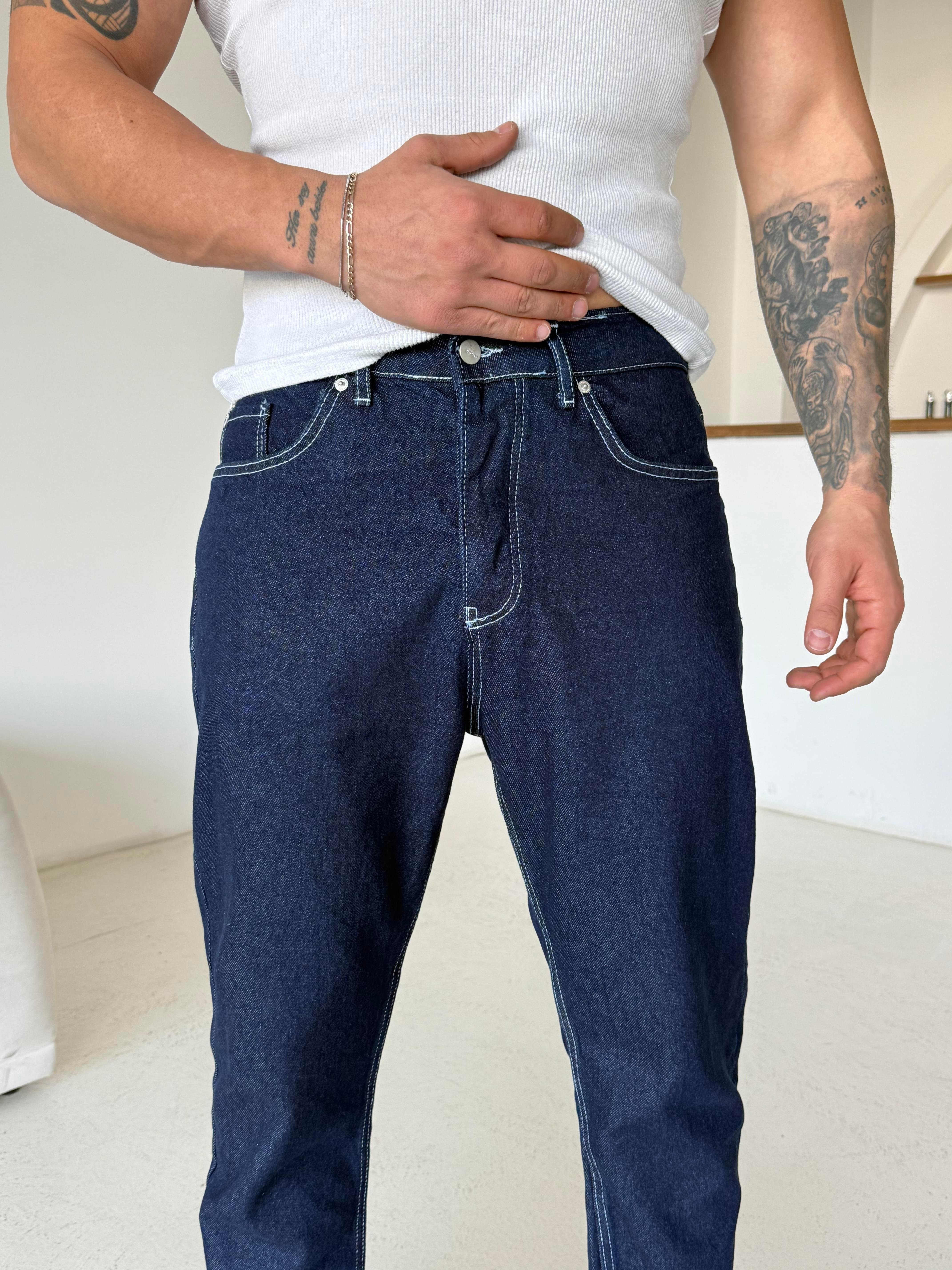 KOT PANTOLONLacivert Beyaz Dikişli Boy Friend Kot Pantalon DM 658