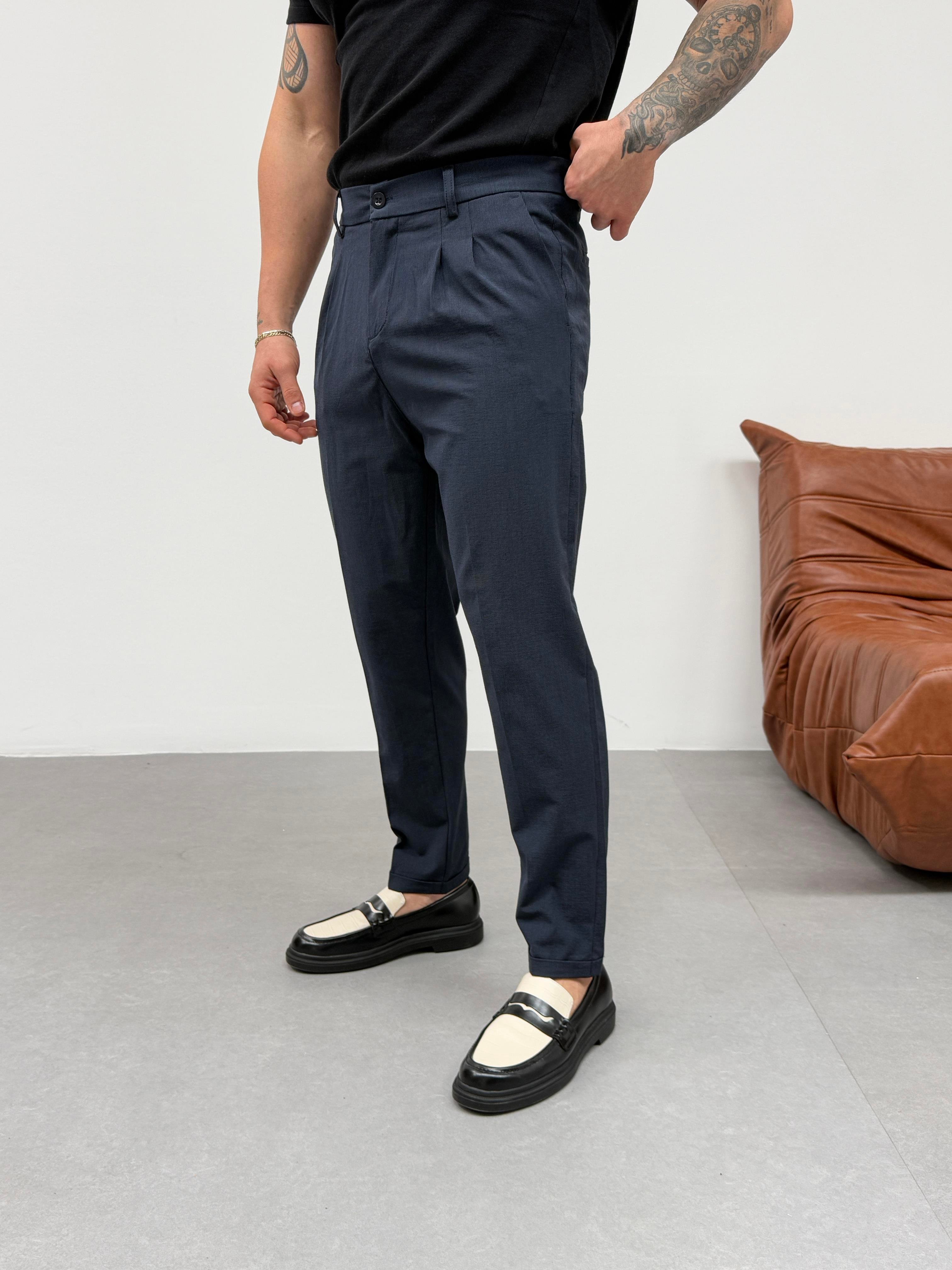 KOT PANTOLONLacivert İnce Dik Çizgili Double Paça Pantolon SNZ M4684