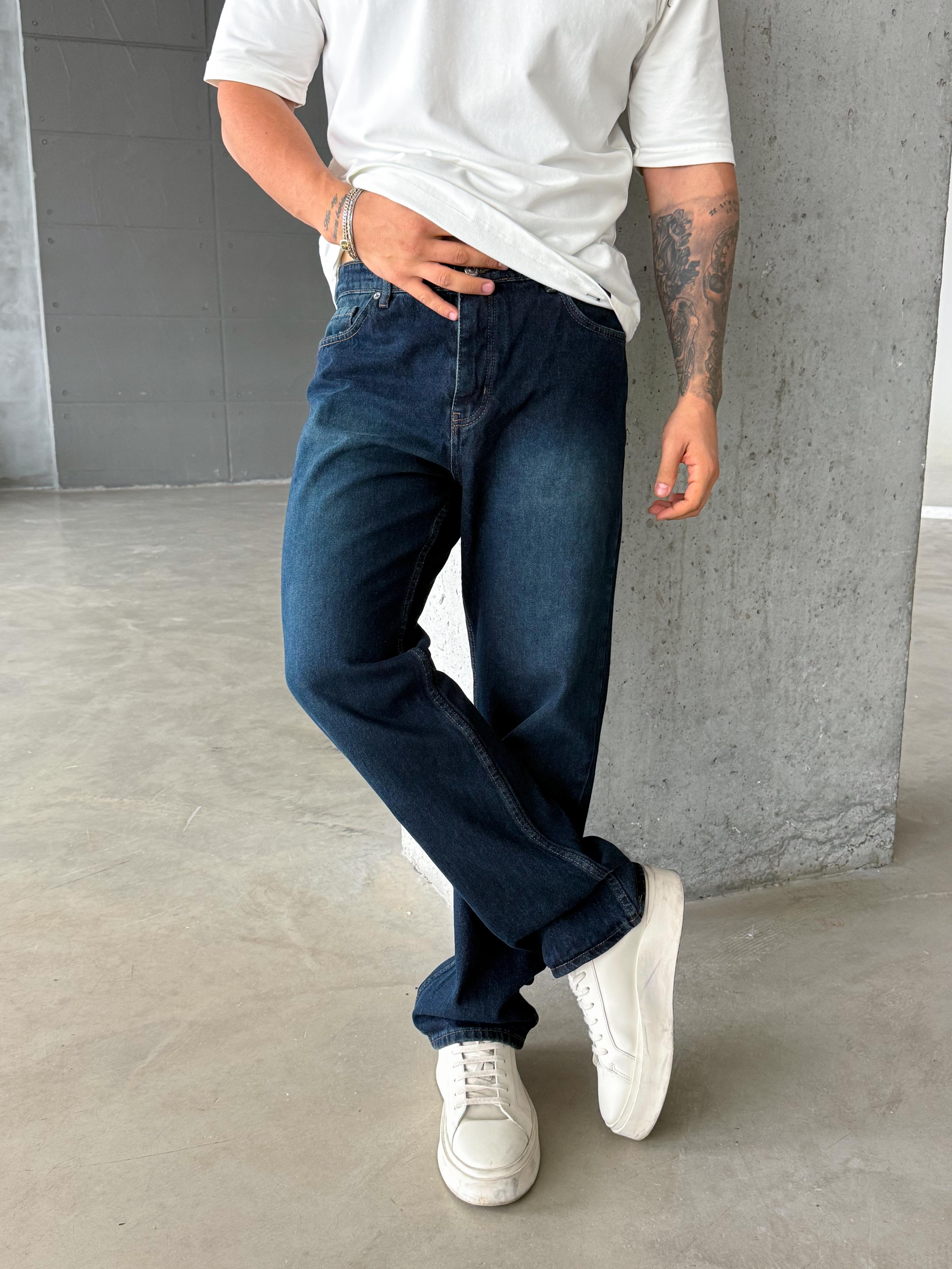 KOT PANTOLONLacivert Yeşil Taşlı Düz Baggy Kot Pantolon DM