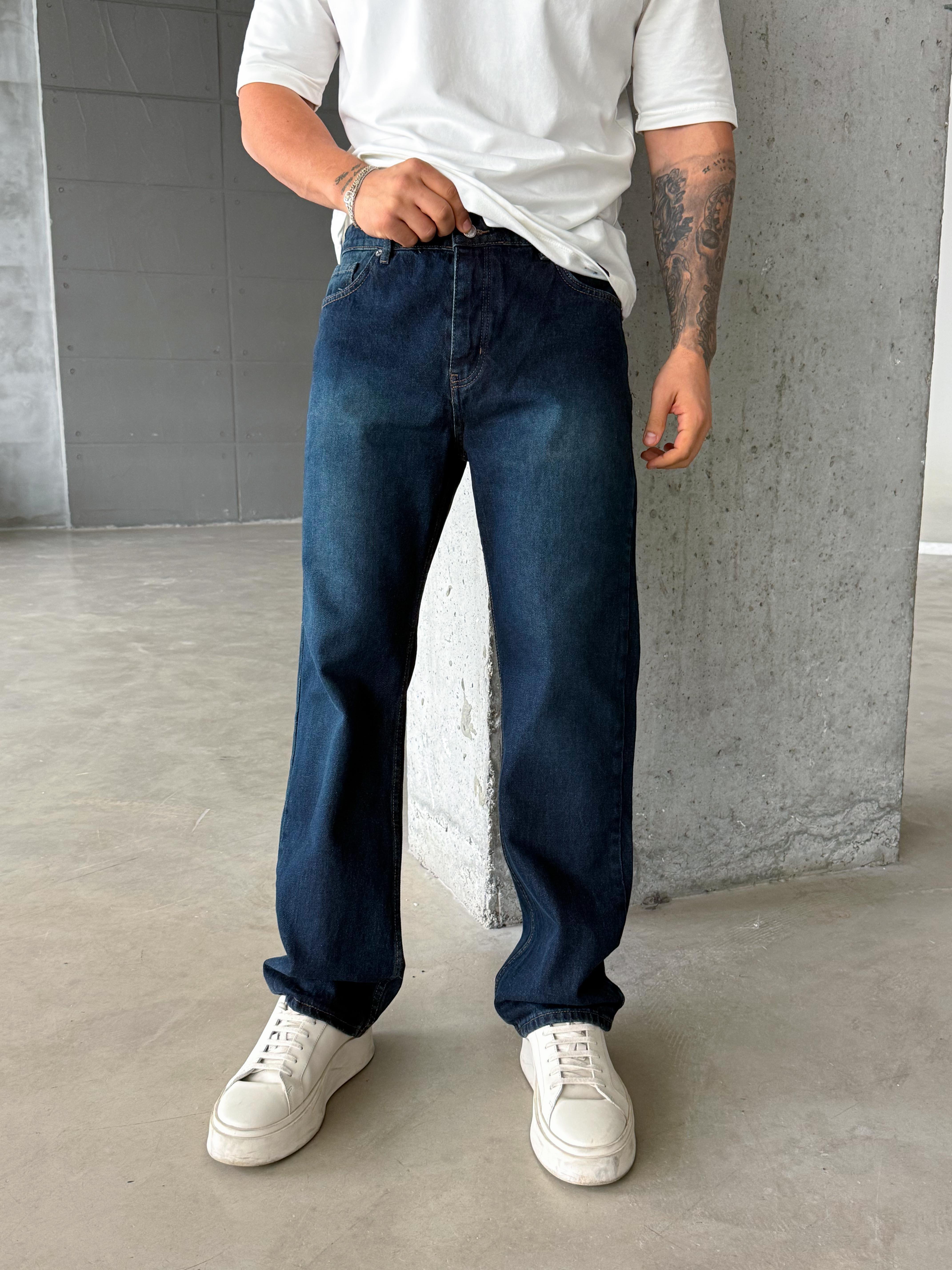 KOT PANTOLONLacivert Yeşil Taşlı Düz Baggy Kot Pantolon DM
