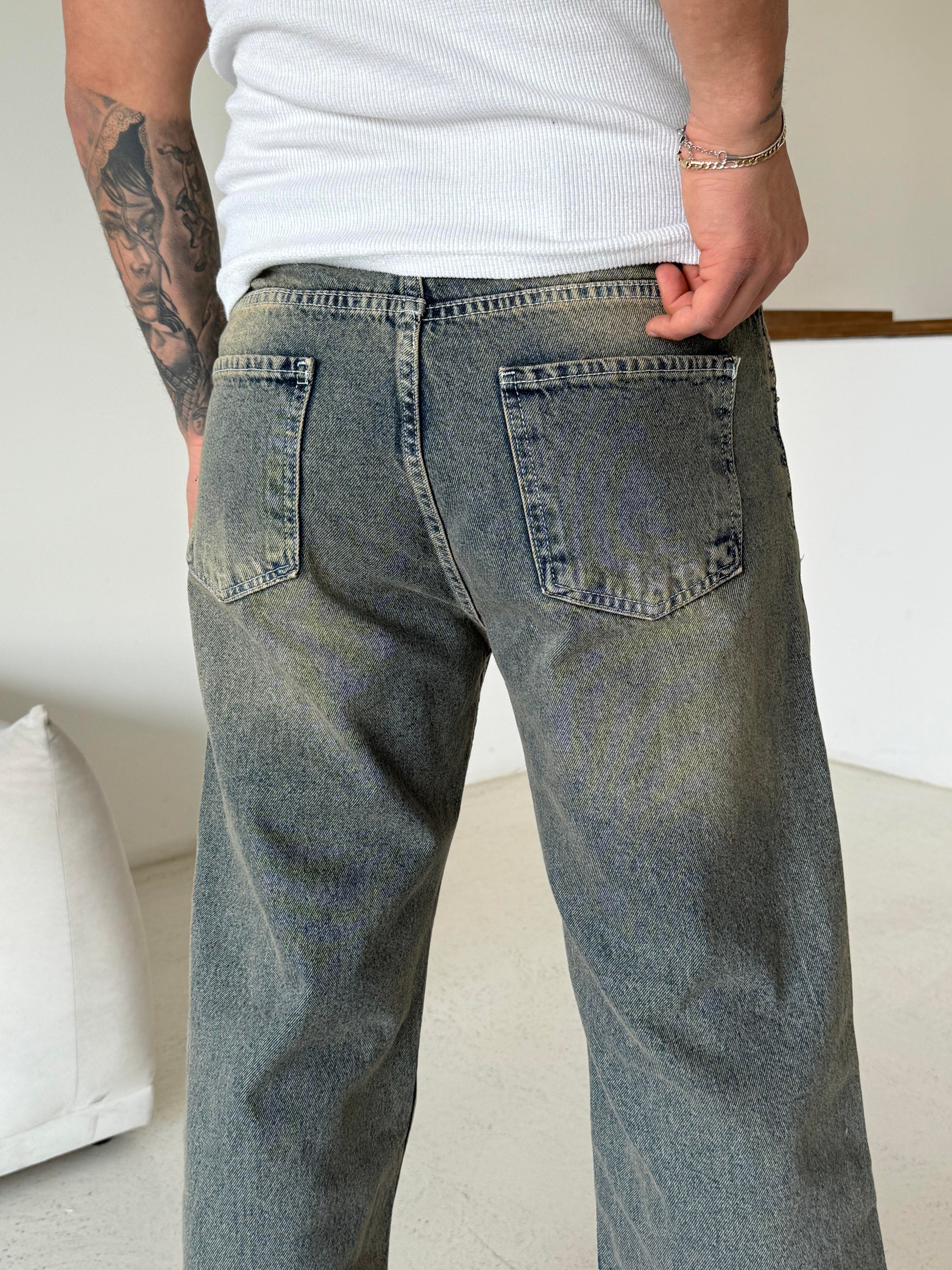 KOT PANTOLONMavi Full Yeşil Taşlamalı Baggy Kot Pantalon 600-1 MB