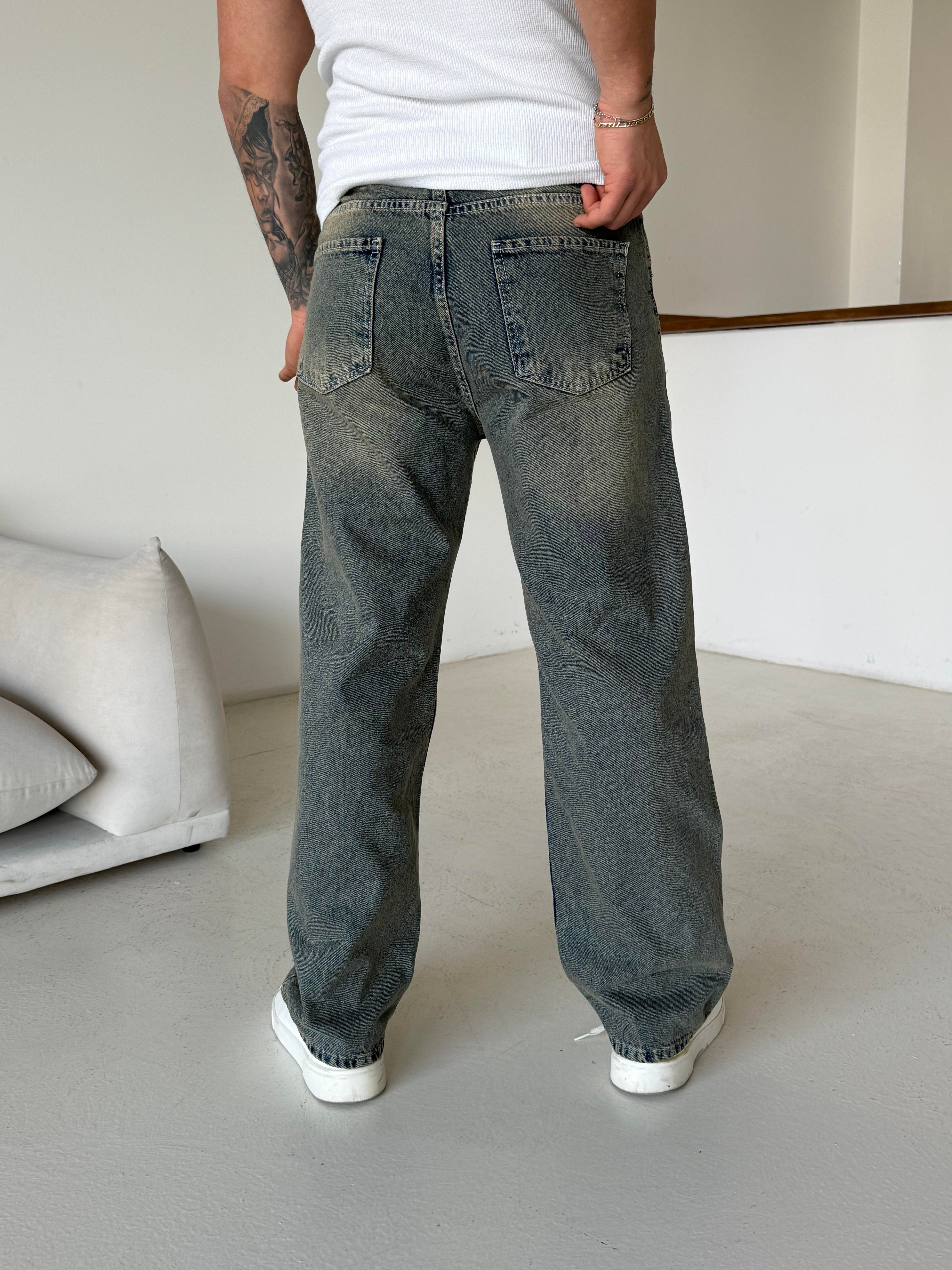 KOT PANTOLONMavi Full Yeşil Taşlamalı Baggy Kot Pantalon 600-1 MB