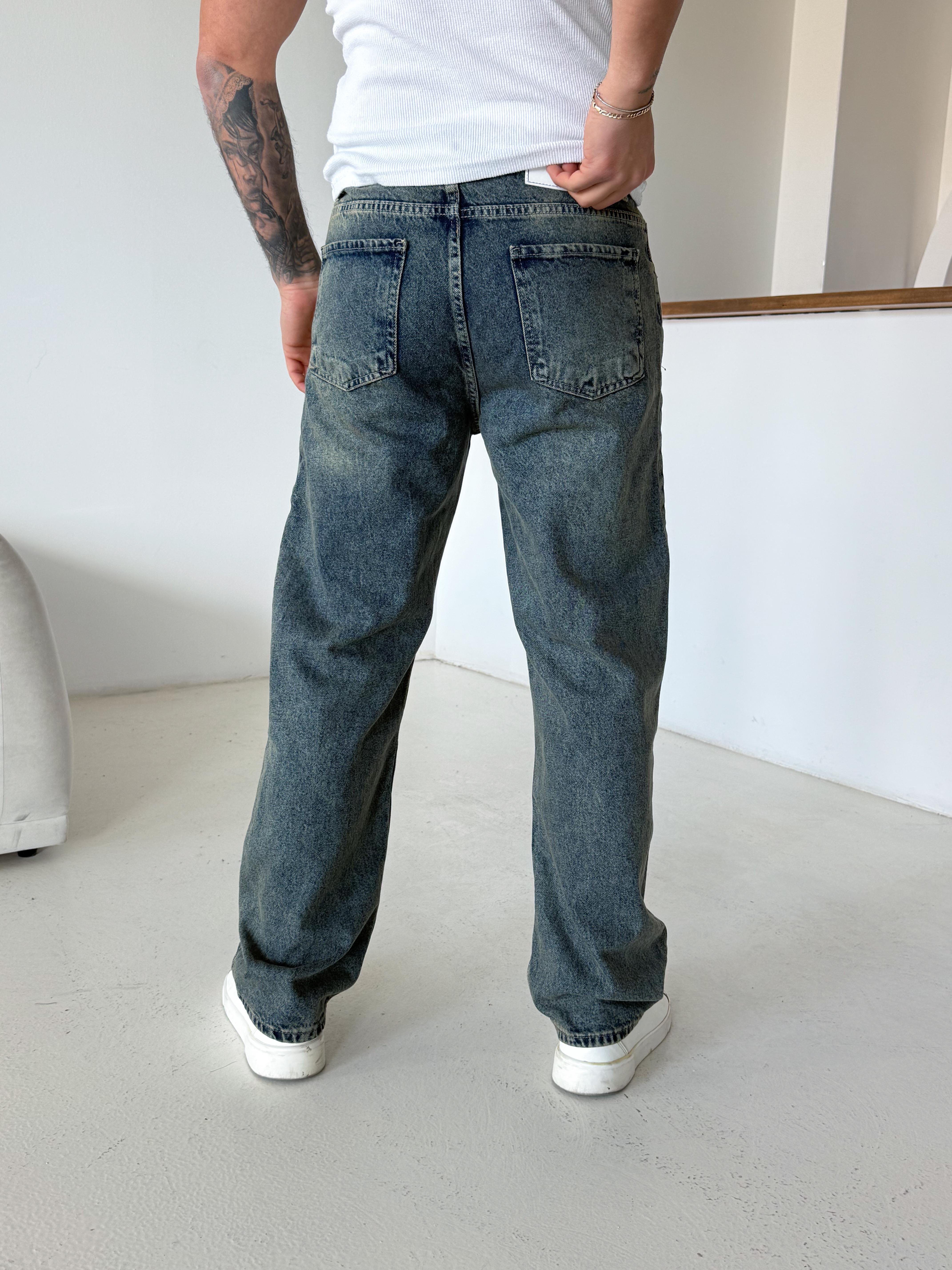 KOT PANTOLONMavi Taşlaması Yeşil Baggy Kot Pantalon 646-1