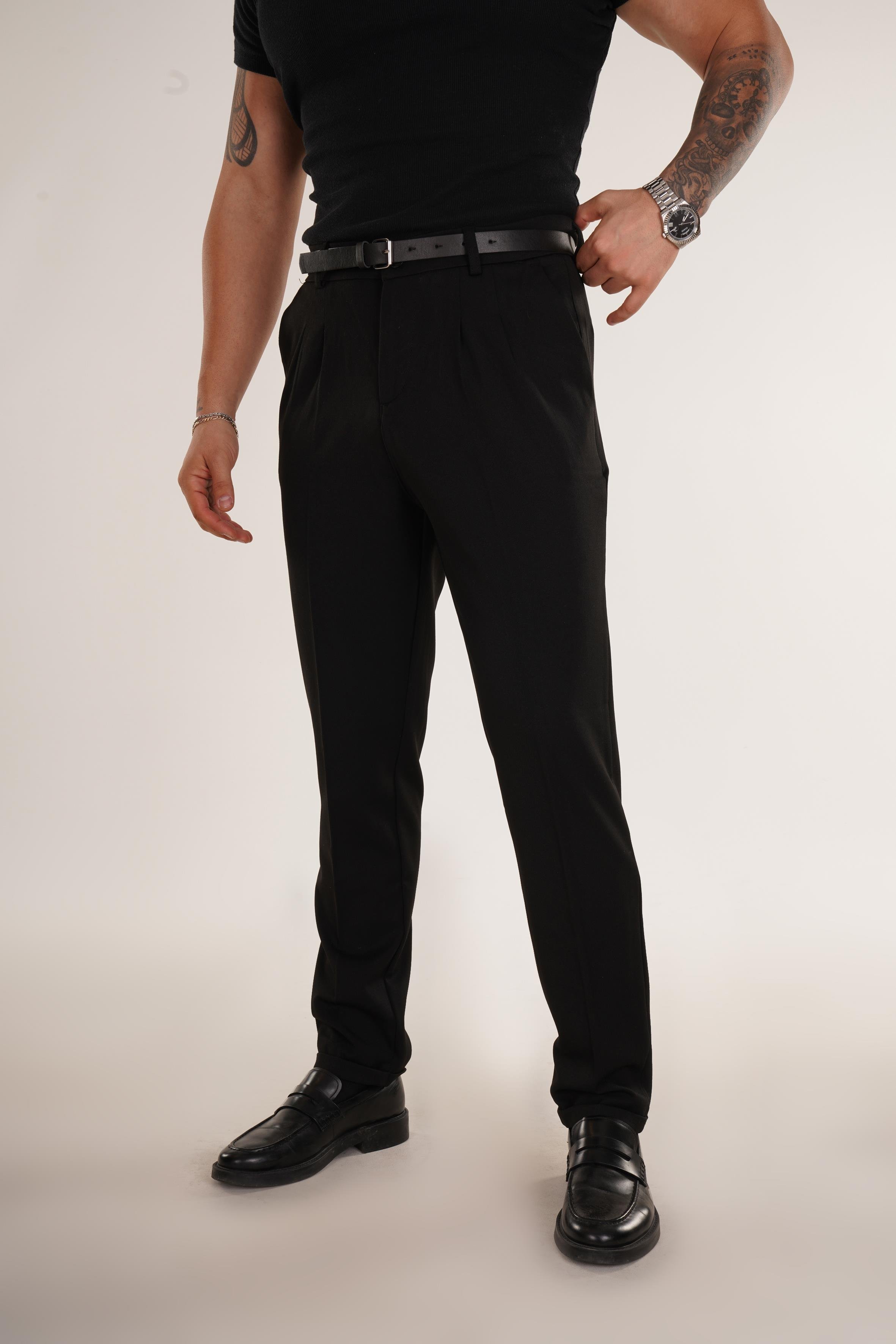 KOT PANTOLONSiyah Kemerli Kumaş Baggy Pantalon SNZ M8399