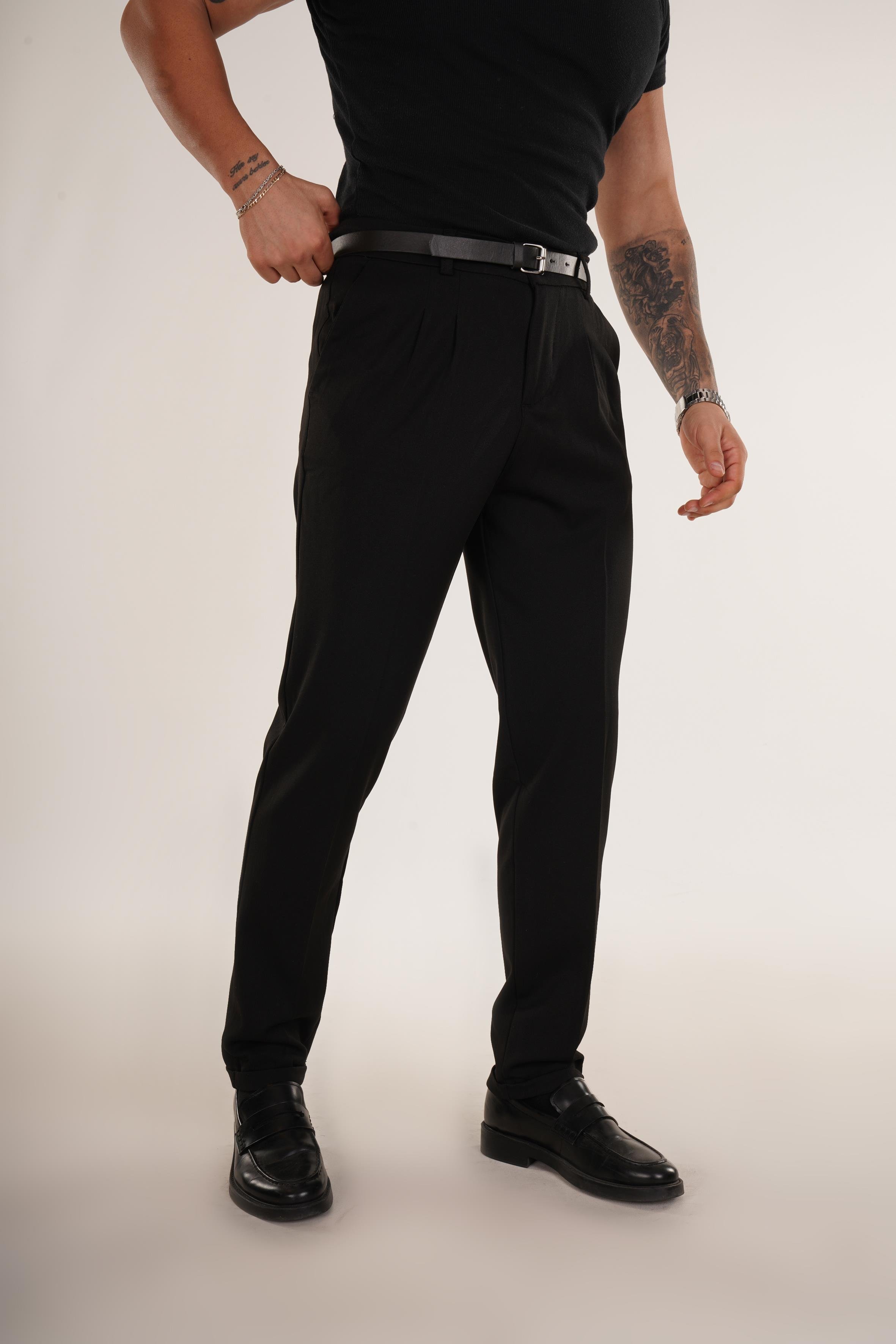 KOT PANTOLONSiyah Kemerli Kumaş Baggy Pantalon SNZ M8399