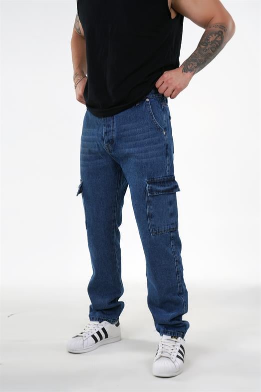 KOT PANTOLONStandart Mavi Kargo Cep Baggy Kot Pantolon PSP 5016