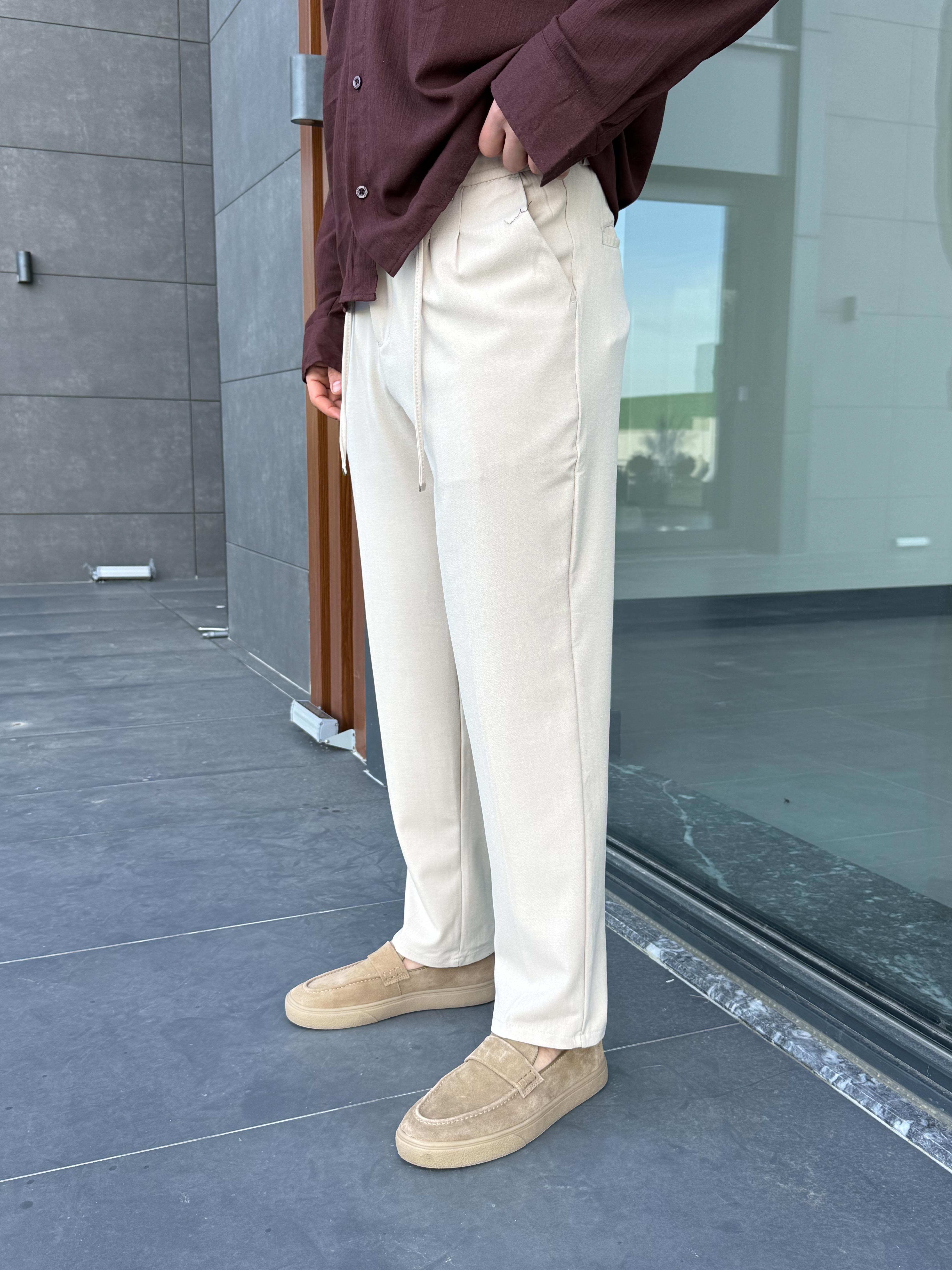 KUMAŞ PANTOLONBej Lastikli Bağcıklı Pamuk Bezayağı Regular Fit Kumaş Pant snz 1265