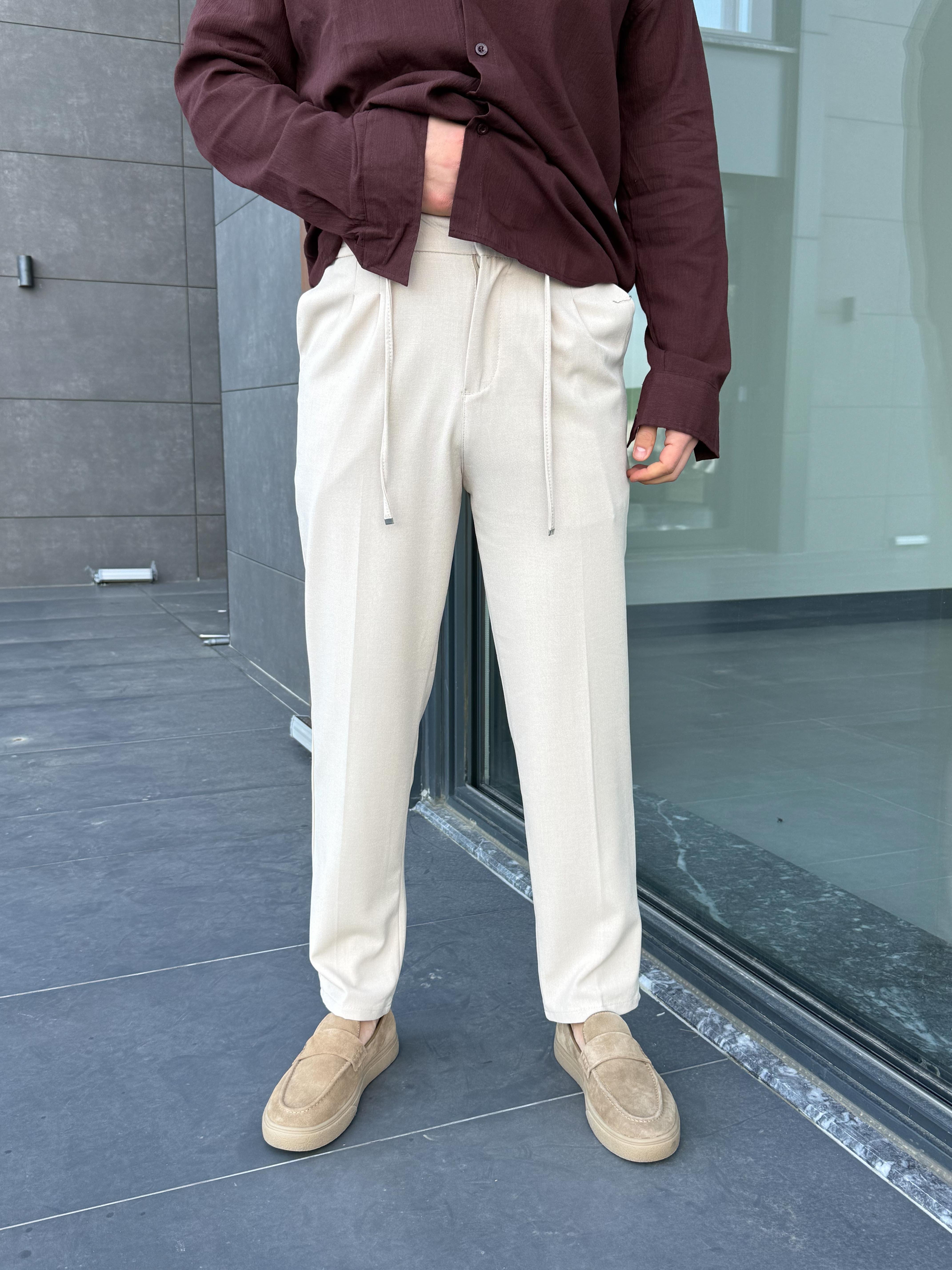 KUMAŞ PANTOLONBej Lastikli Bağcıklı Pamuk Bezayağı Regular Fit Kumaş Pant snz 1265