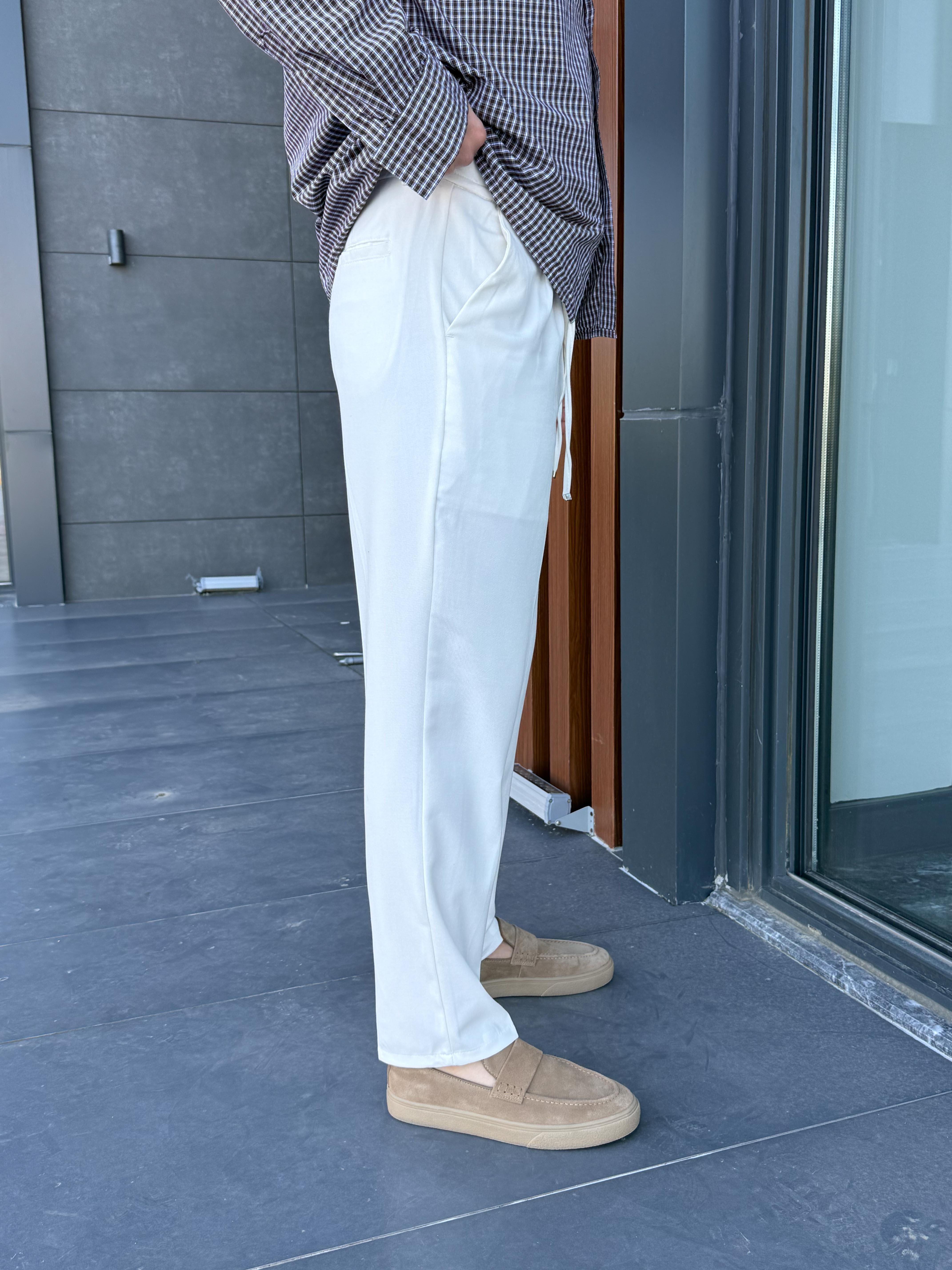 KUMAŞ PANTOLONBeyaz Lastikli Bağcıklı Pamuk Bezayağı Regular Fit Kumaş Pant snz 1265