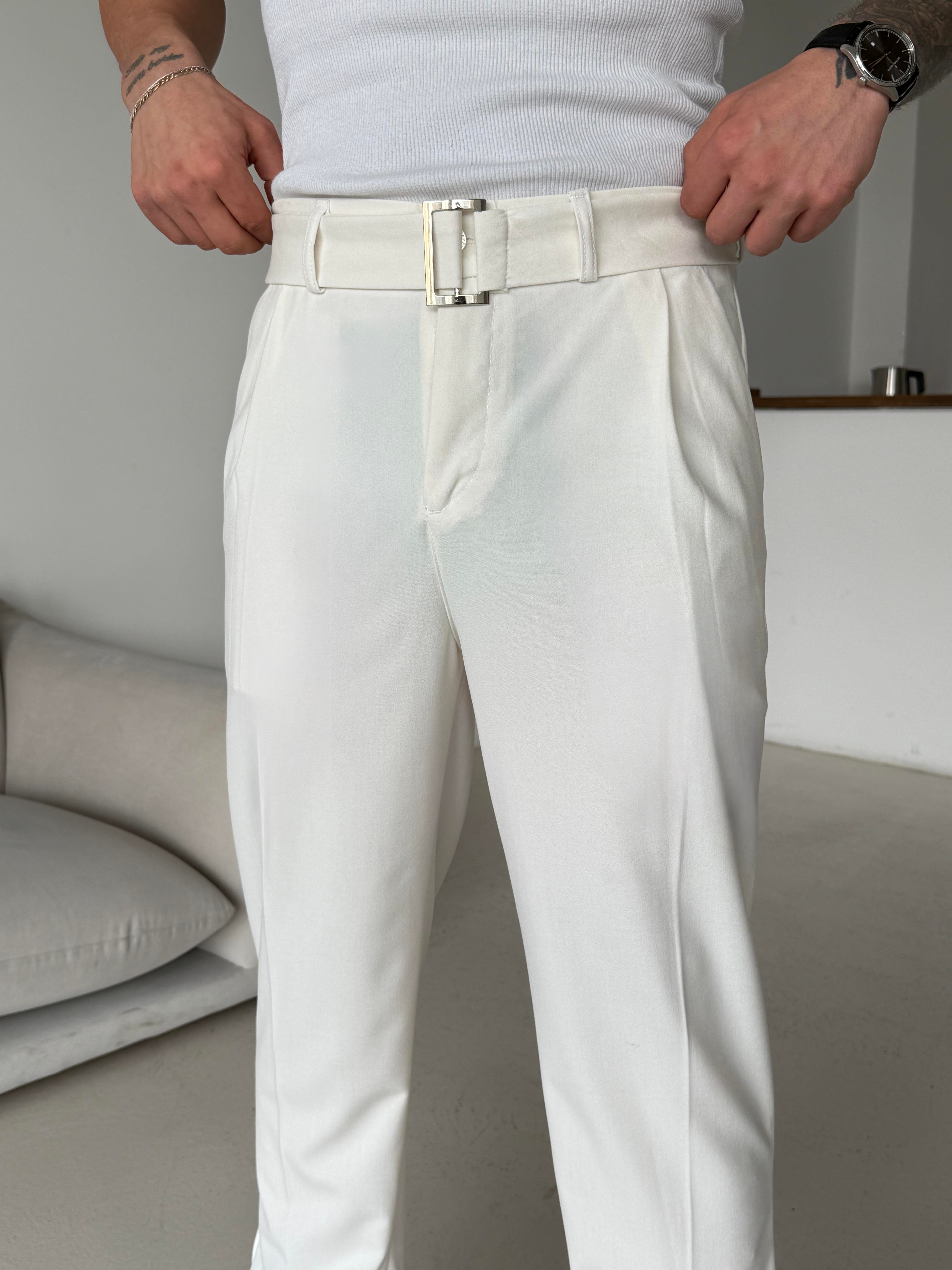 KUMAŞ PANTOLONEkru Kendi Kemerli Regular Fit Bezayağı Kumaş Pant N1344