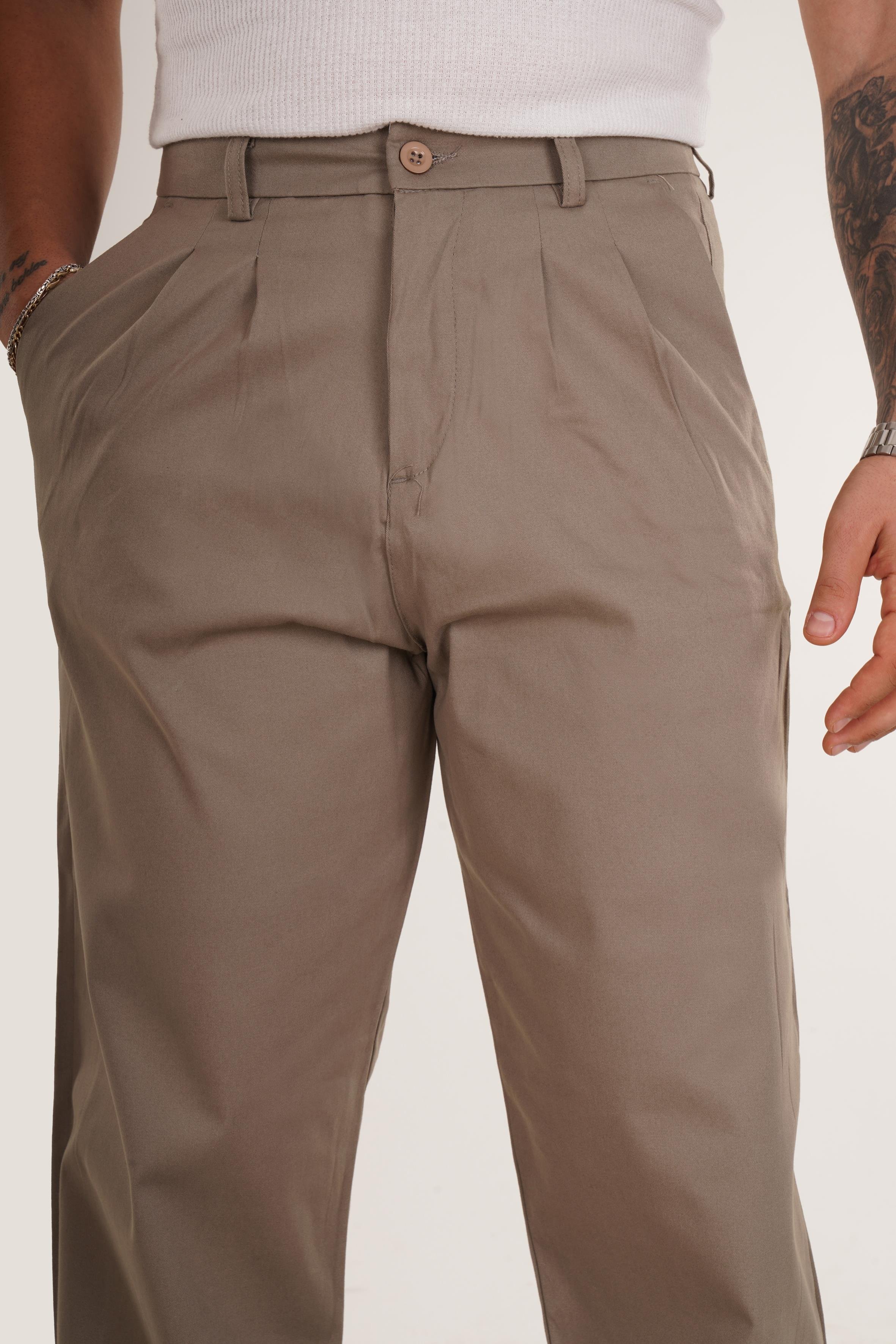 KUMAŞ PANTOLONHaki Düz Pileli Bol Gabardin Pantolon 8386
