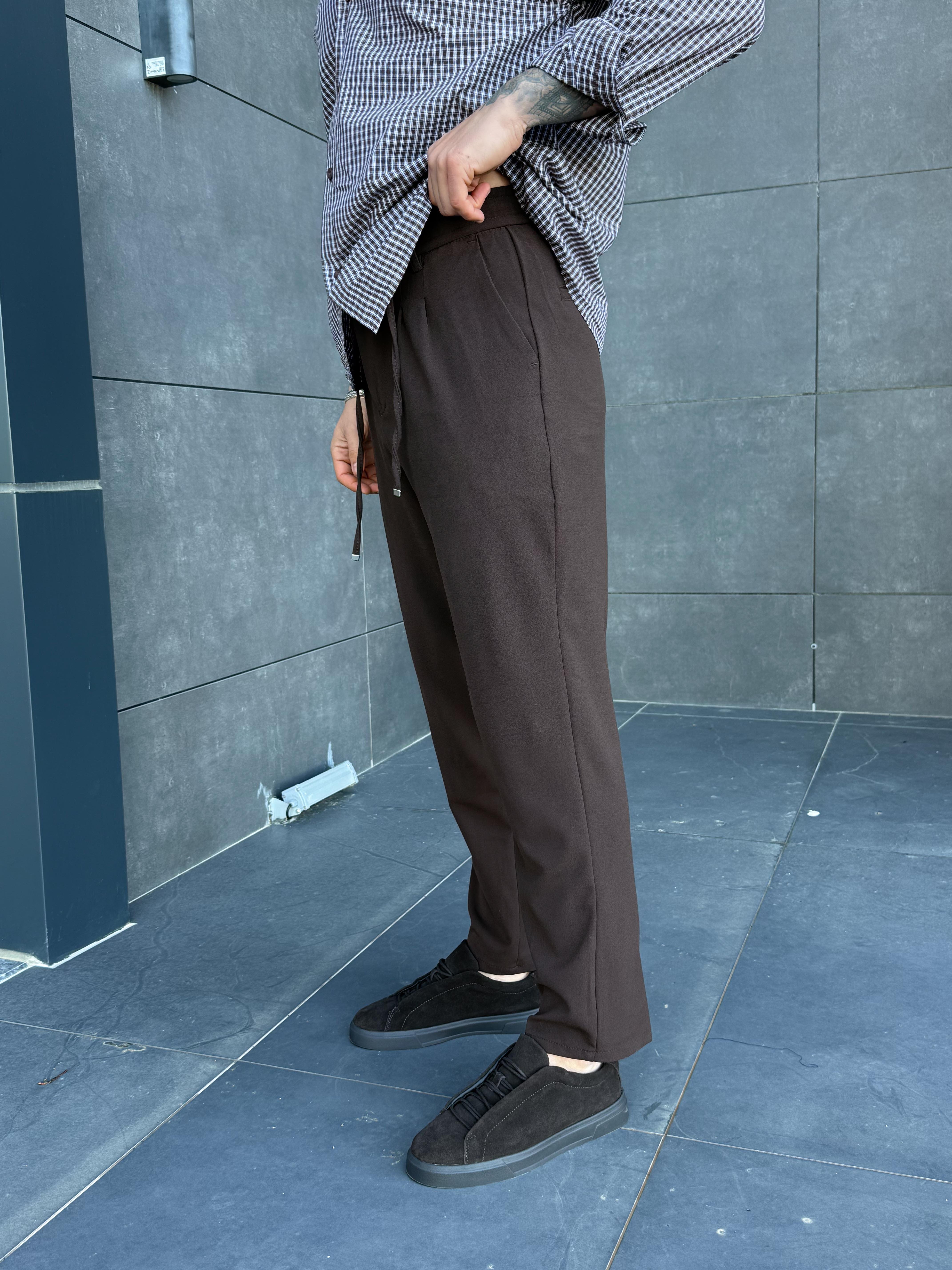 KUMAŞ PANTOLONKahve Lastikli Bağcıklı Pamuk Bezayağı Regular Fit Kumaş Pant snz 1265