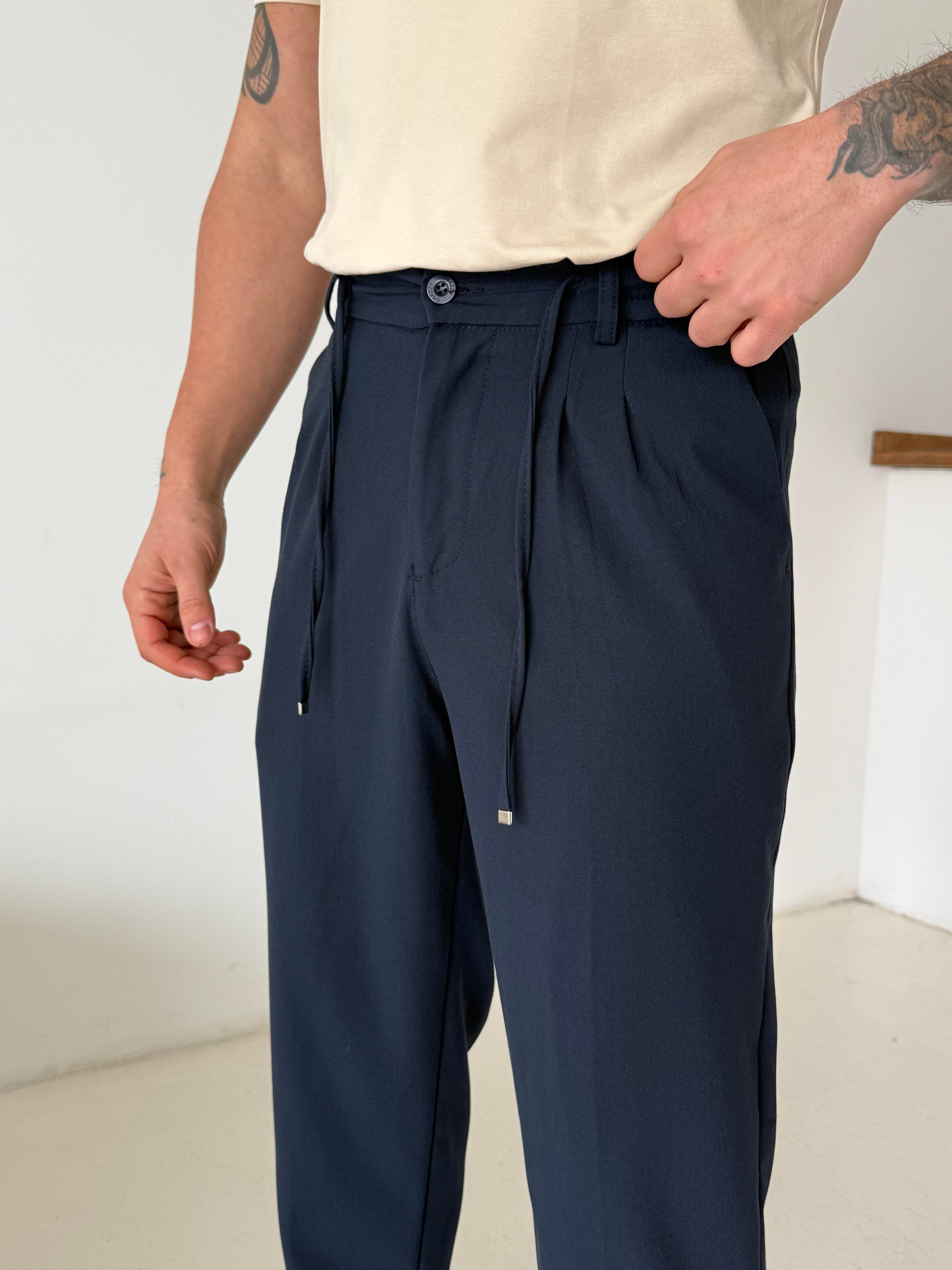KUMAŞ PANTOLONLacivert Lastikli Bağcıklı Pamuk Bezayağı Regular Fit Kumaş Pant snz 1265