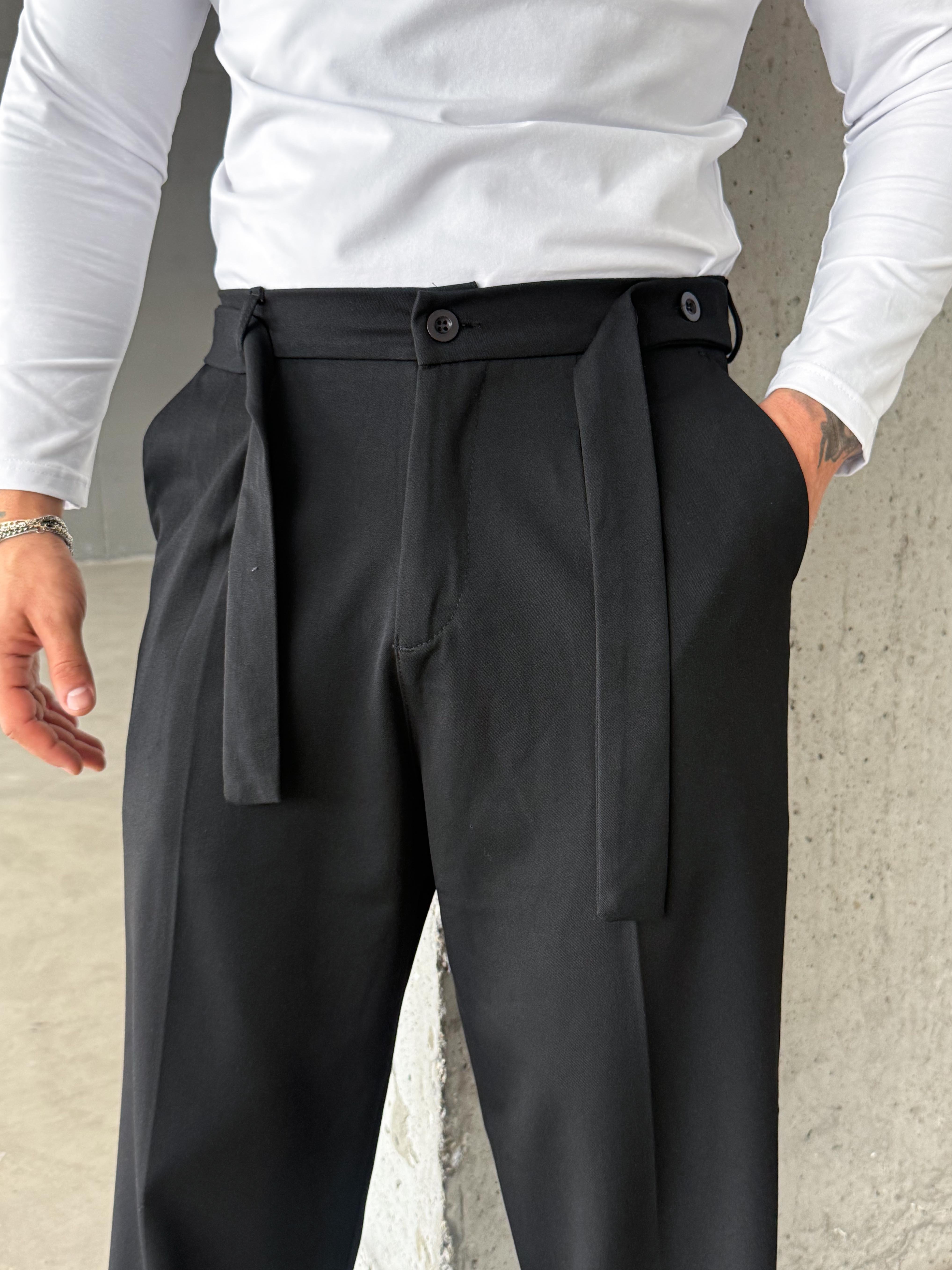 KUMAŞ PANTOLONSiyah Kendiliğinden Kemerli Baggy Kumaş Pantolon SNZ k5089