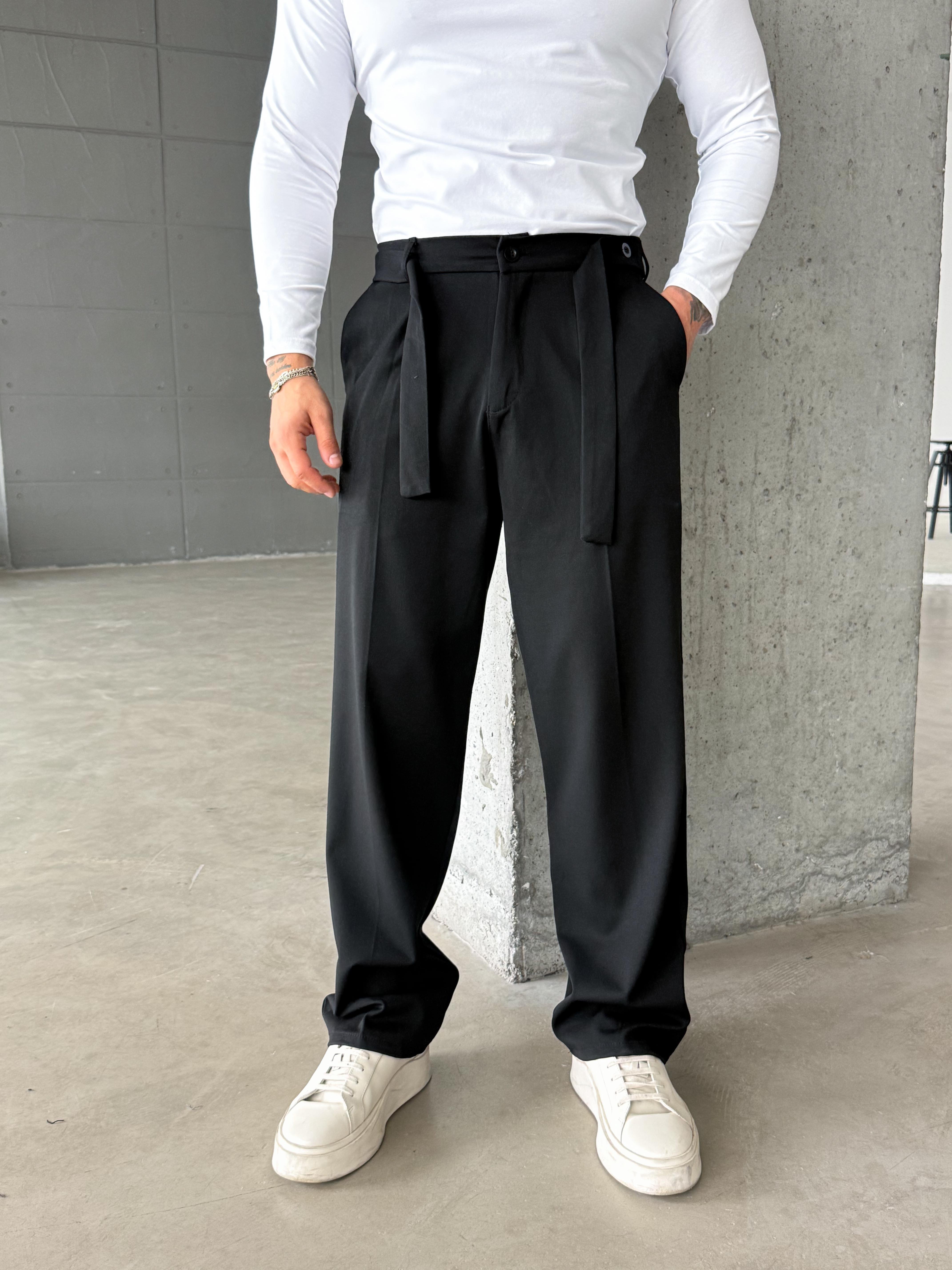 KUMAŞ PANTOLONSiyah Kendiliğinden Kemerli Baggy Kumaş Pantolon SNZ k5089