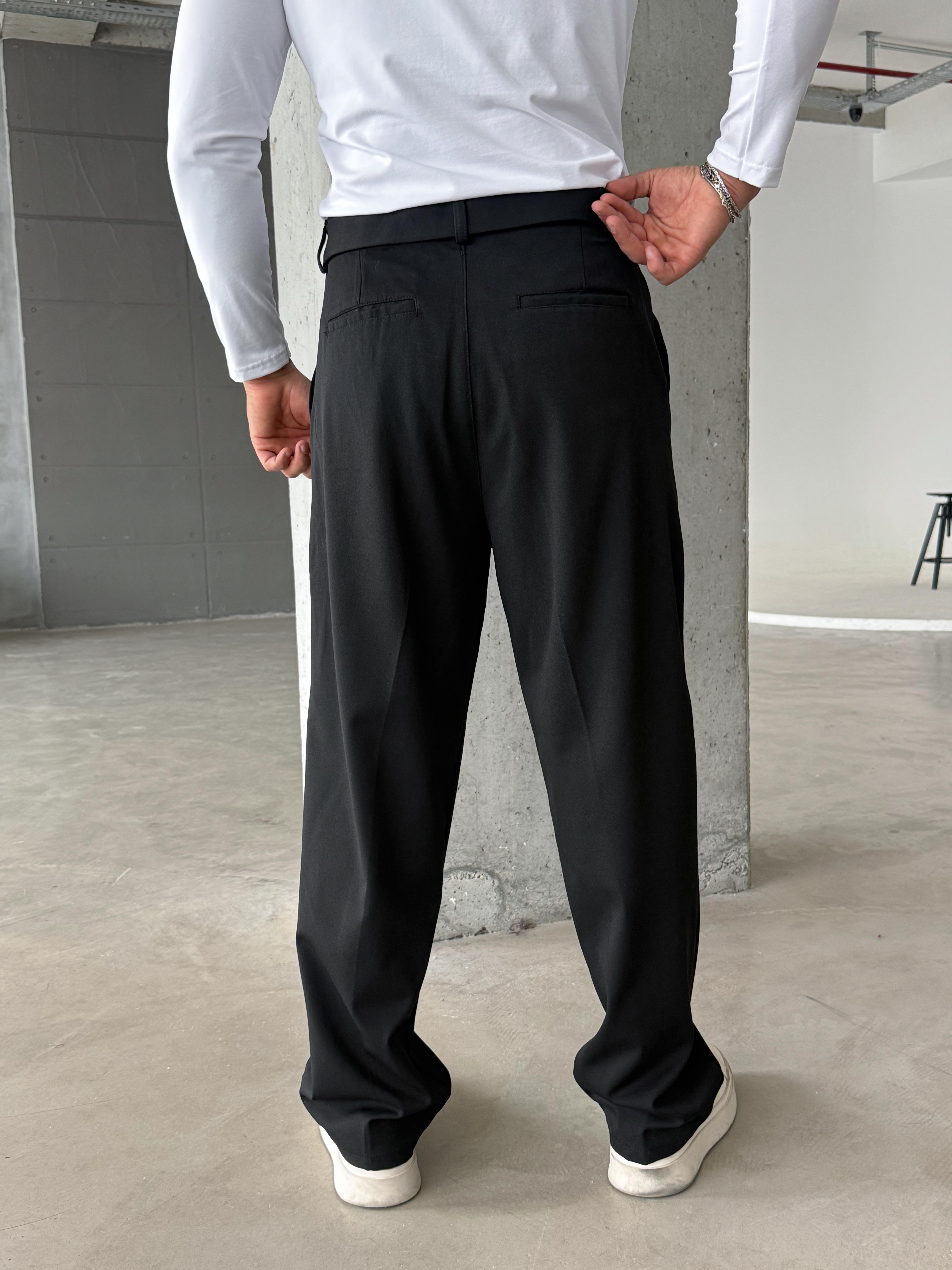 KUMAŞ PANTOLONSiyah Kendiliğinden Kemerli Baggy Kumaş Pantolon SNZ k5089