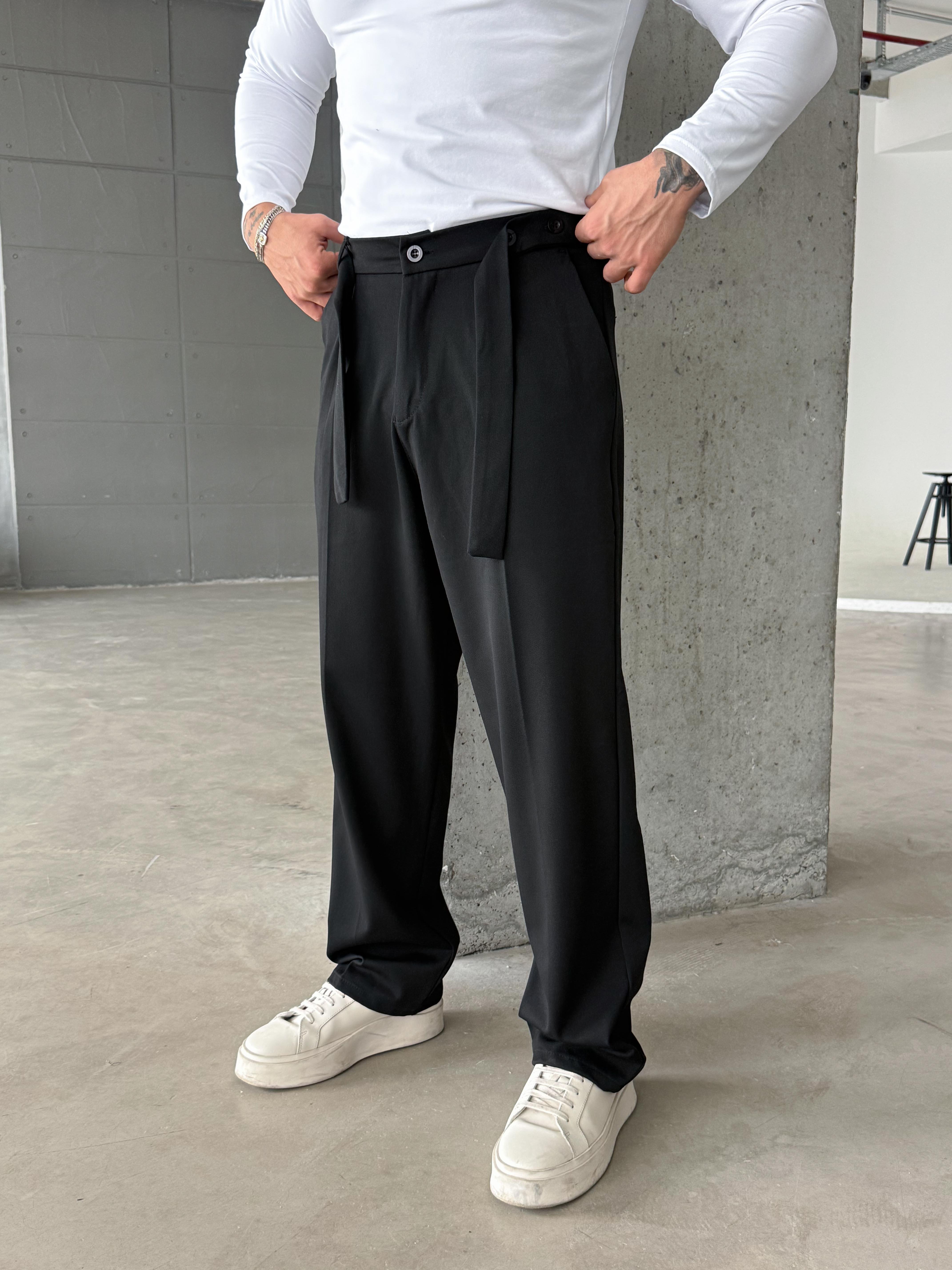 KUMAŞ PANTOLONSiyah Kendiliğinden Kemerli Baggy Kumaş Pantolon SNZ k5089