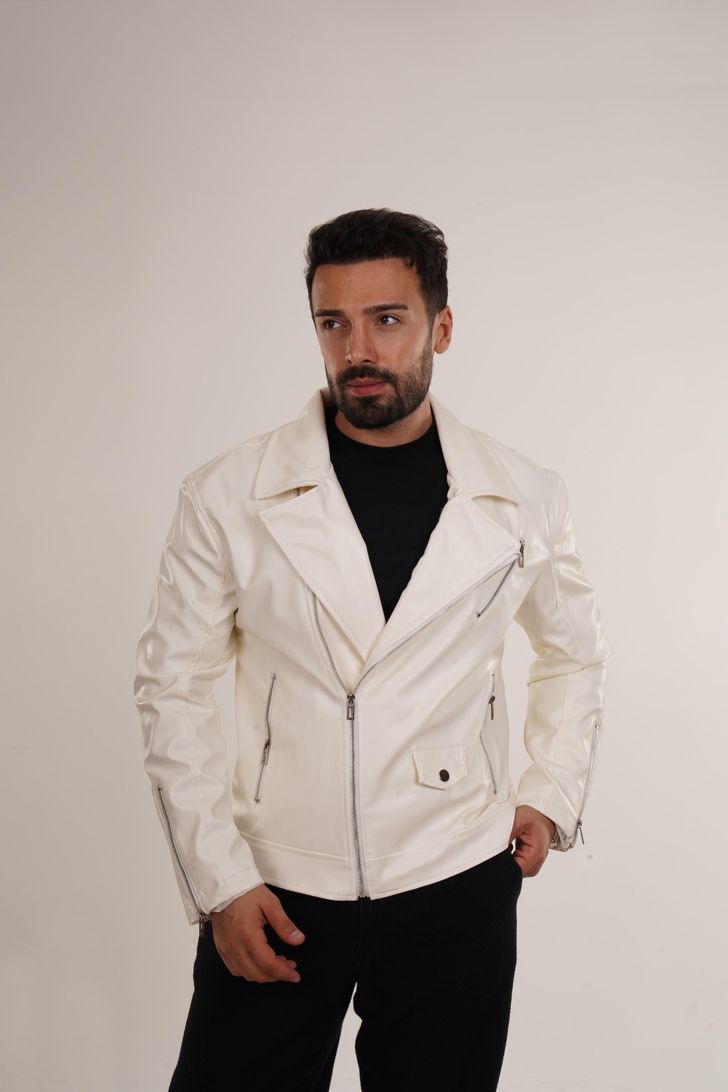MONTBeyaz Yandan Fermuarlı Deri Mont SNZ 6316