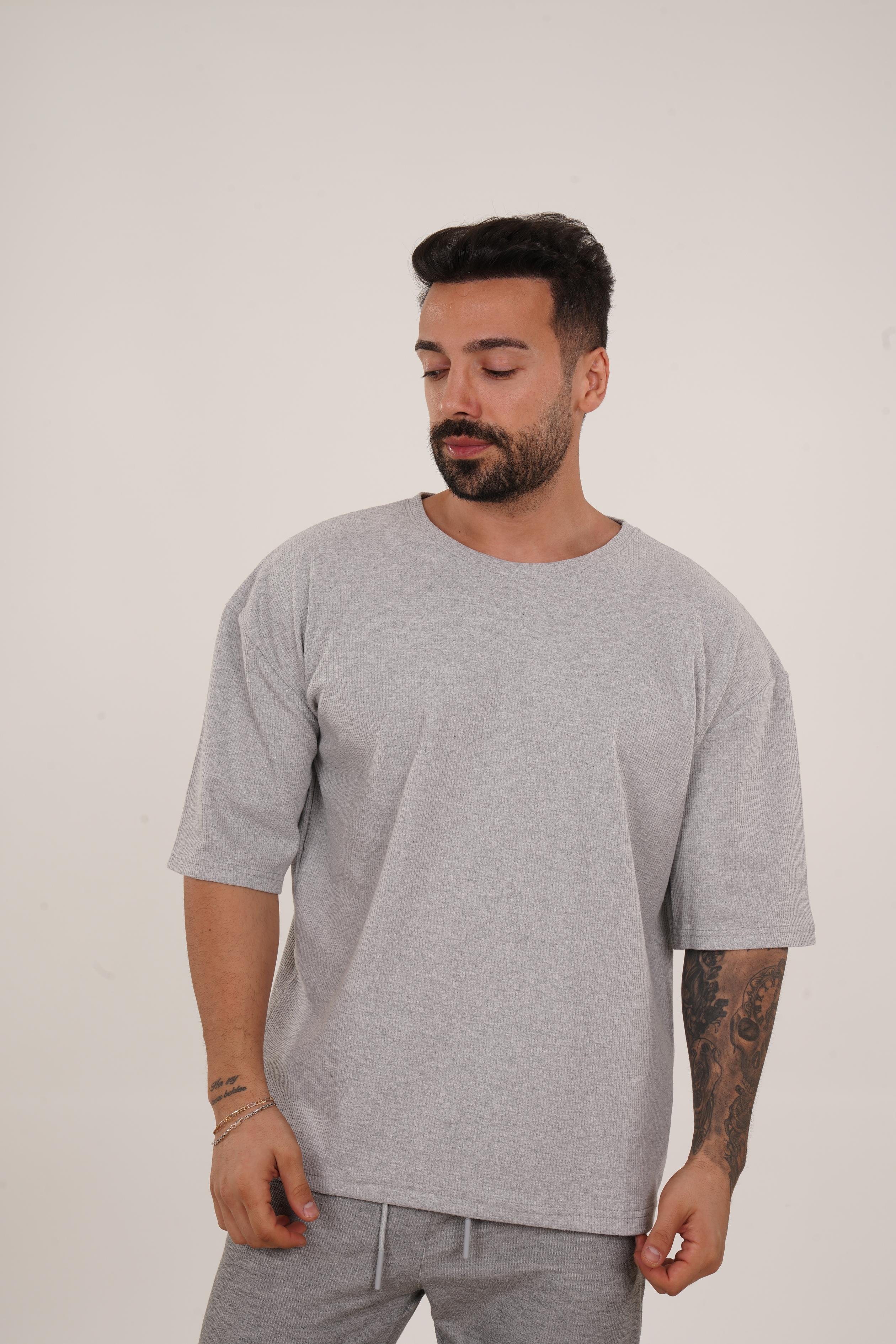 OVERSİZE T-SHİRTGri Waffle Double Kalıp Oversize T-shırt SC