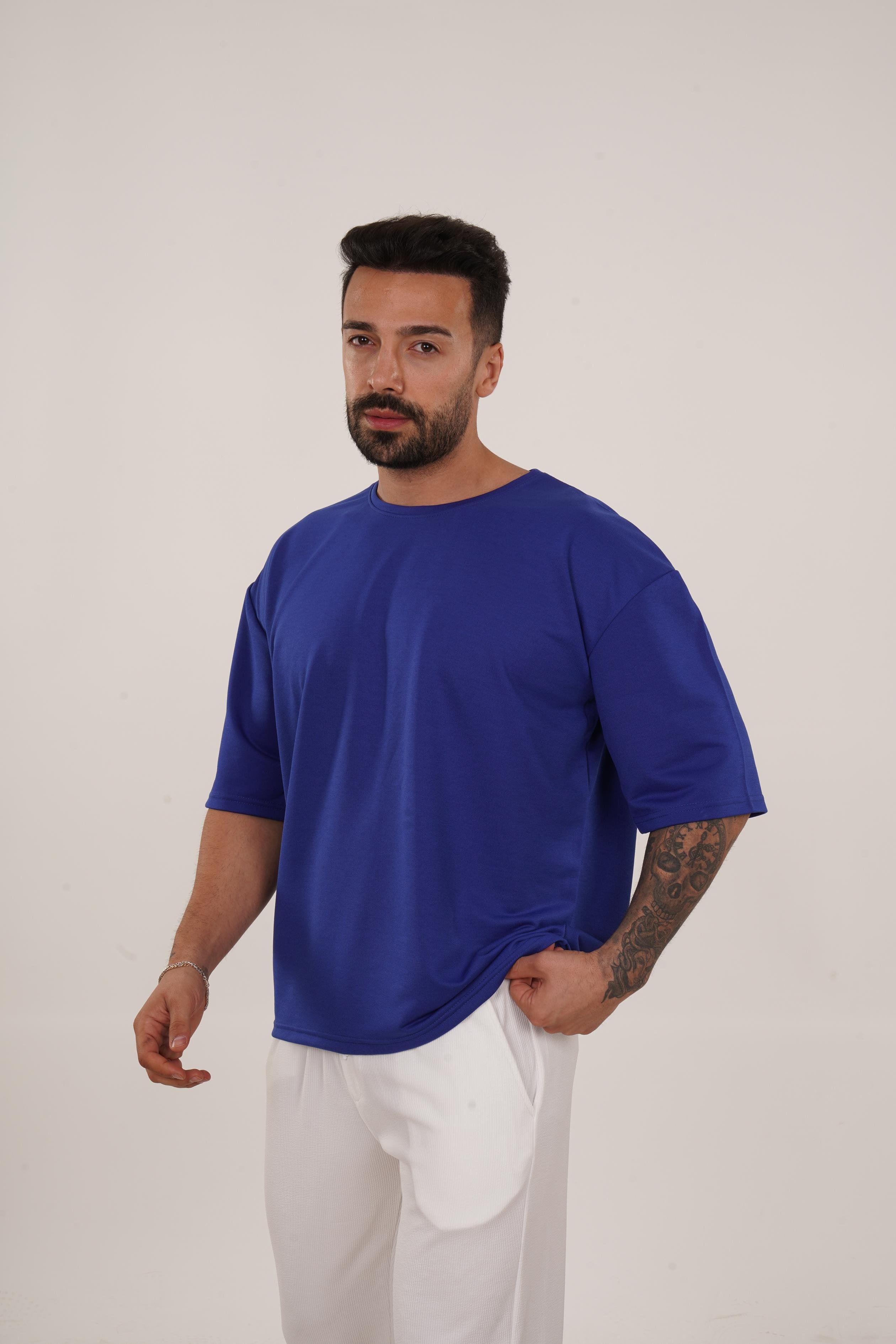 OVERSİZE T-SHİRTSaks Mavi 2 İplik Double Kalıp Oversize T-SHIRT GRK