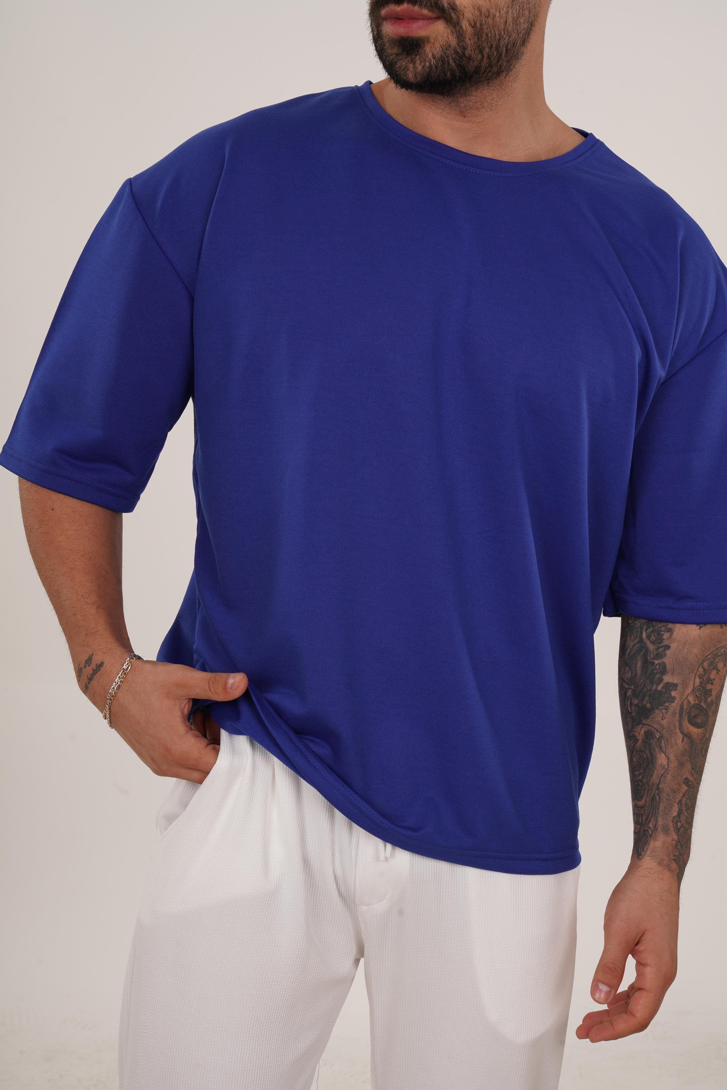OVERSİZE T-SHİRTSaks Mavi 2 İplik Double Kalıp Oversize T-SHIRT GRK