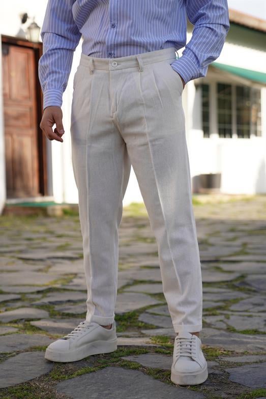 PantalonBej OLD MONEY İTHAL KUMAŞ DUBLE BORU PAÇA PANTALON SNZ 3900 2024
