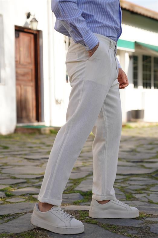 PantalonBej OLD MONEY İTHAL KUMAŞ DUBLE BORU PAÇA PANTALON SNZ 3900 2024